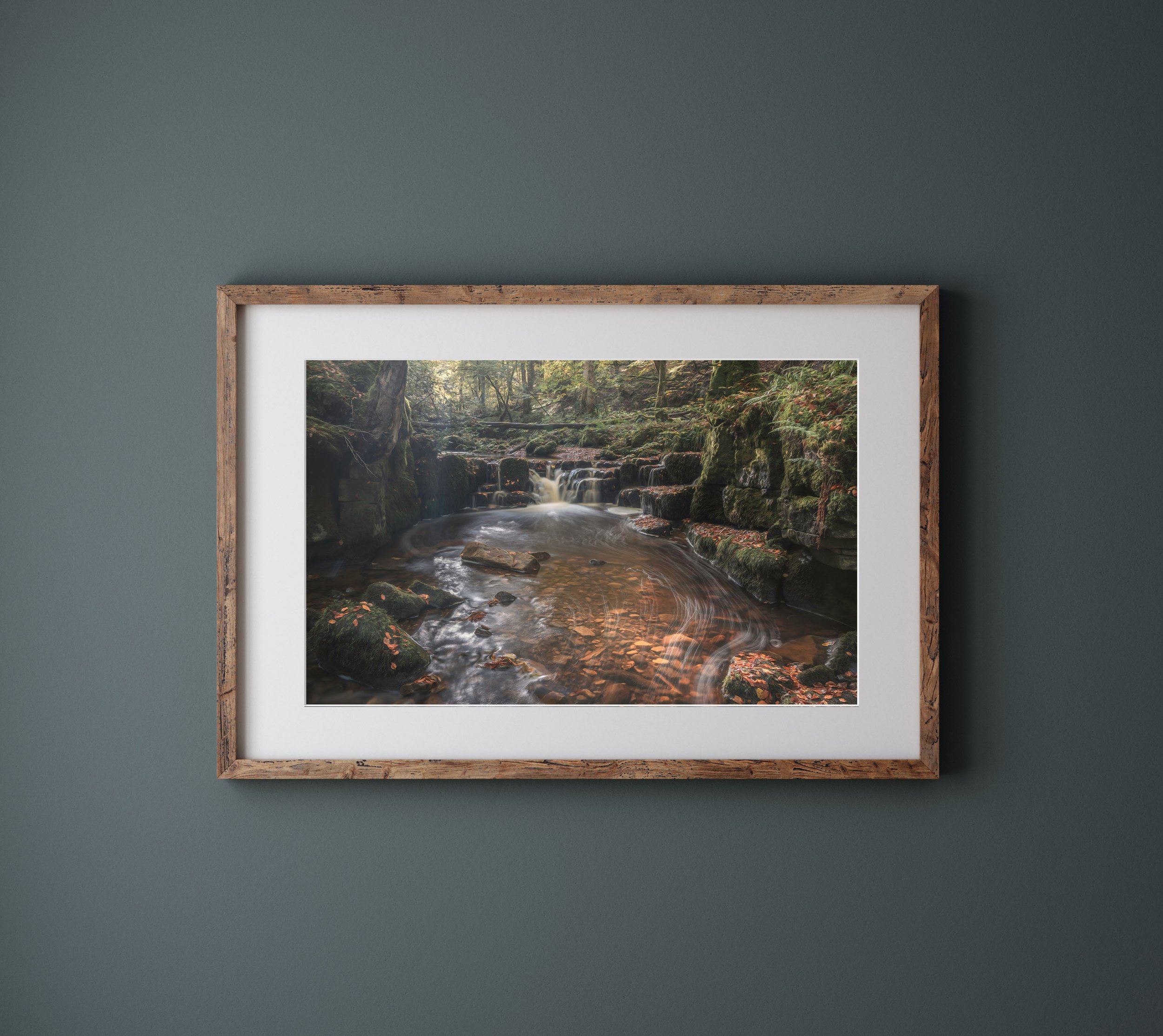 framed fine art giclee landscape print of a woodland waterfall near allenbanks northumberland