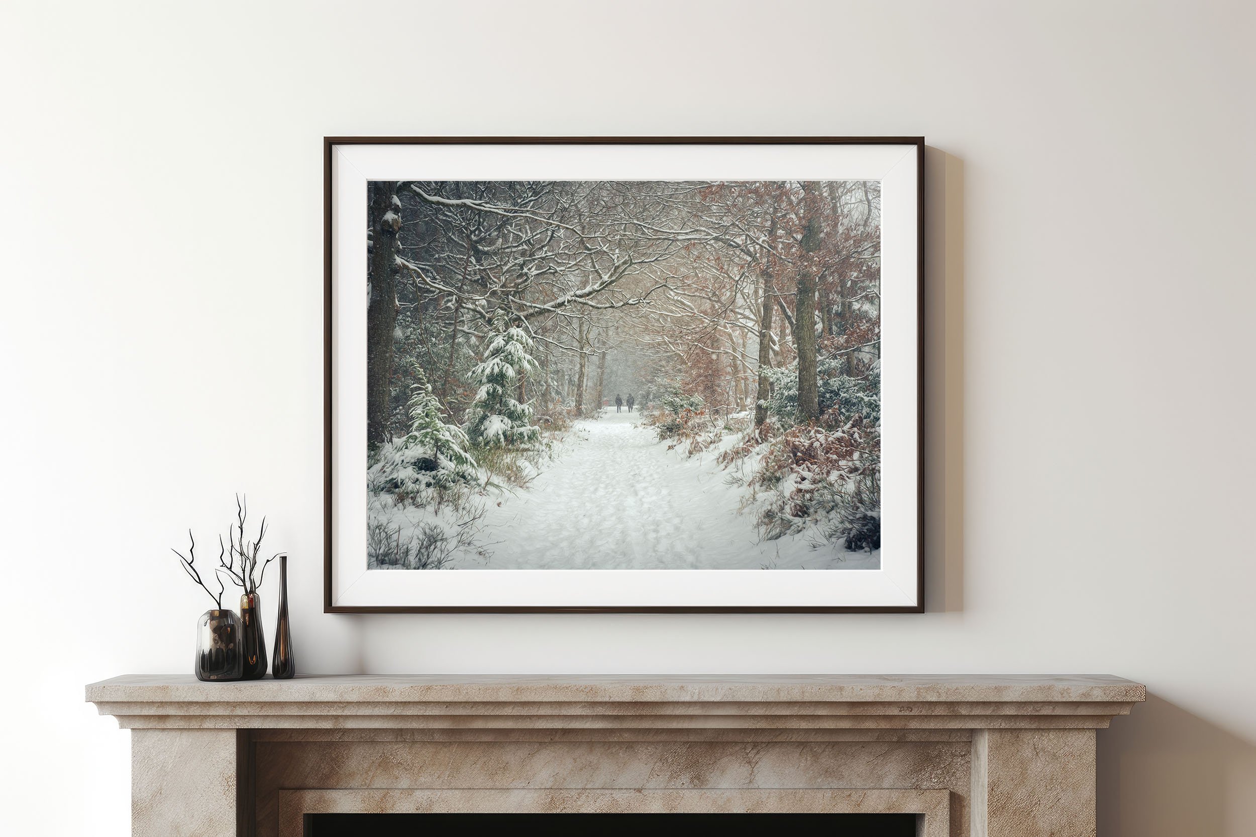 framed fine art giclee landscape print of a snowy woodland in hexham northumberland