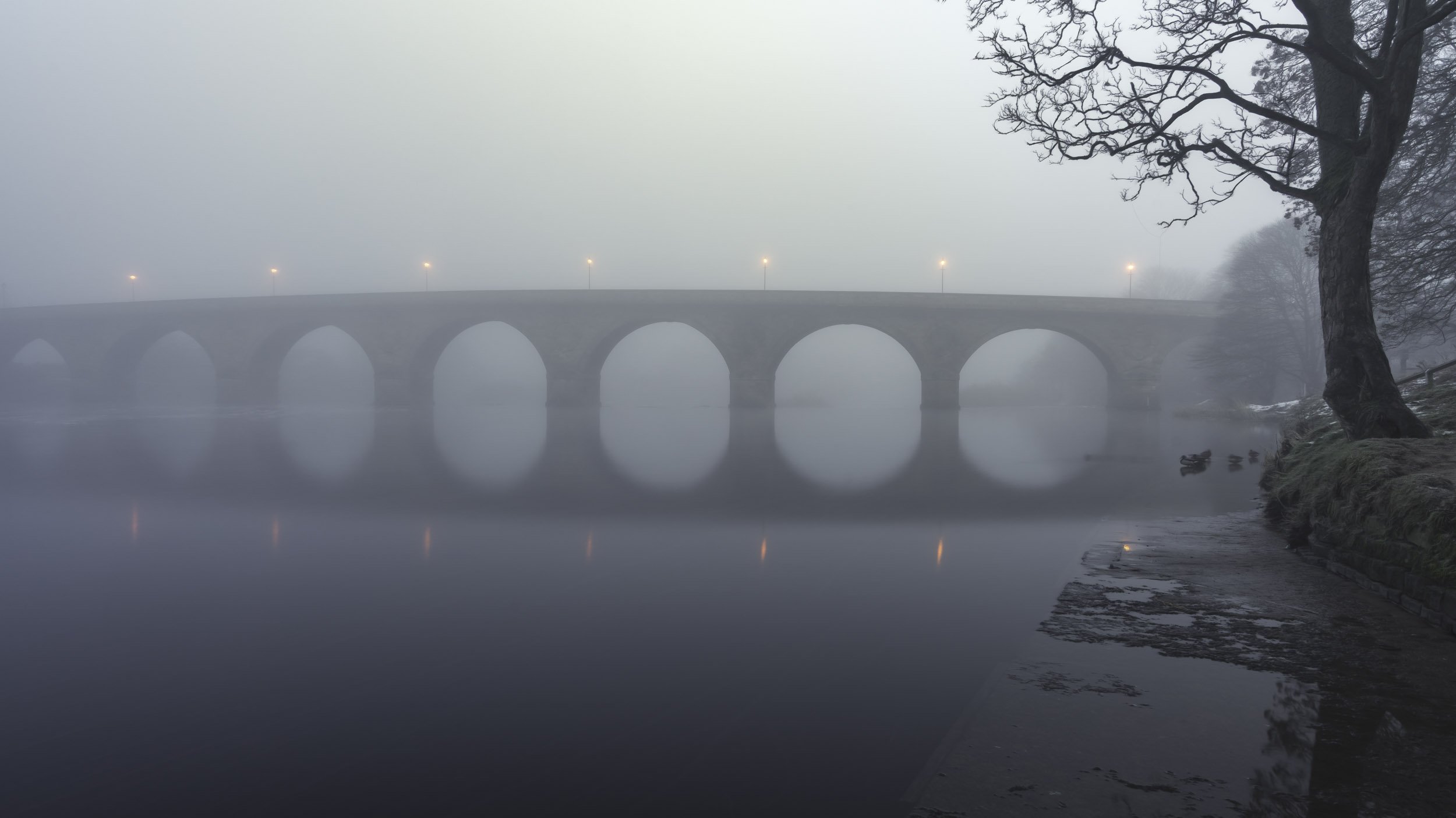 fine art giclee landscape print of the river tyne in mist outside of hexham northumberland