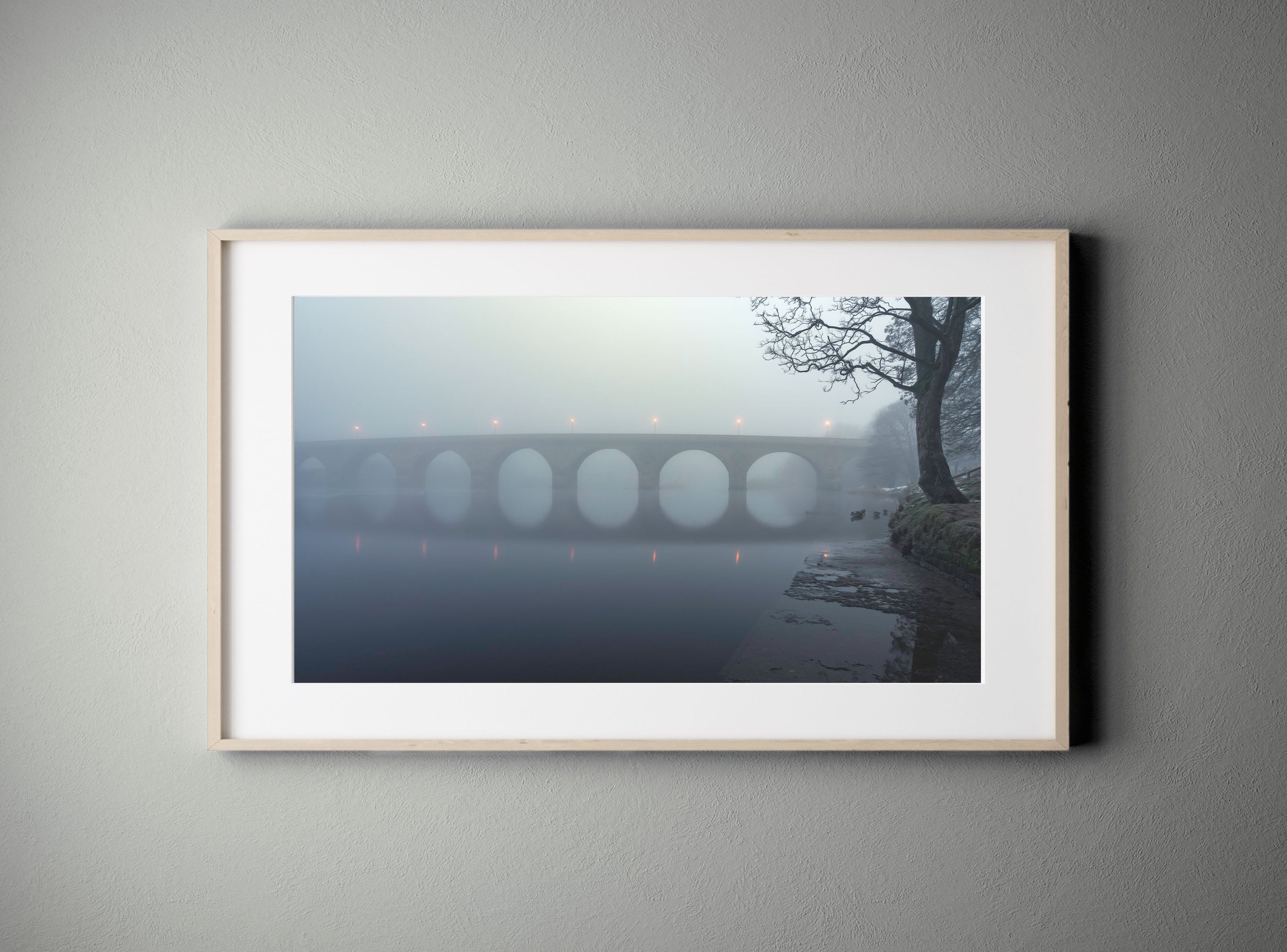 framed fine art giclee landscape print of the river tyne in mist outside of hexham northumberland