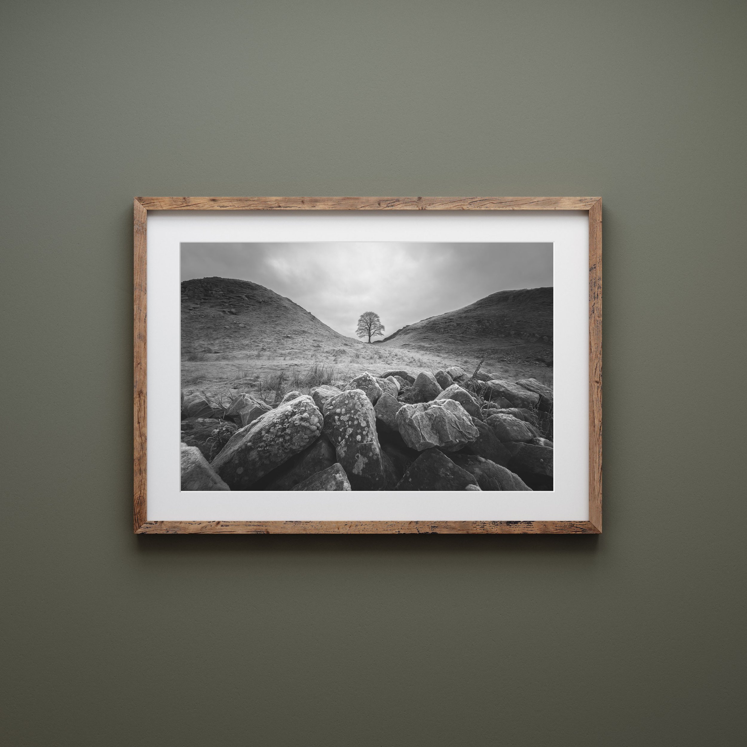 framed fine art giclee landscape print of sycamore gap in northumberland