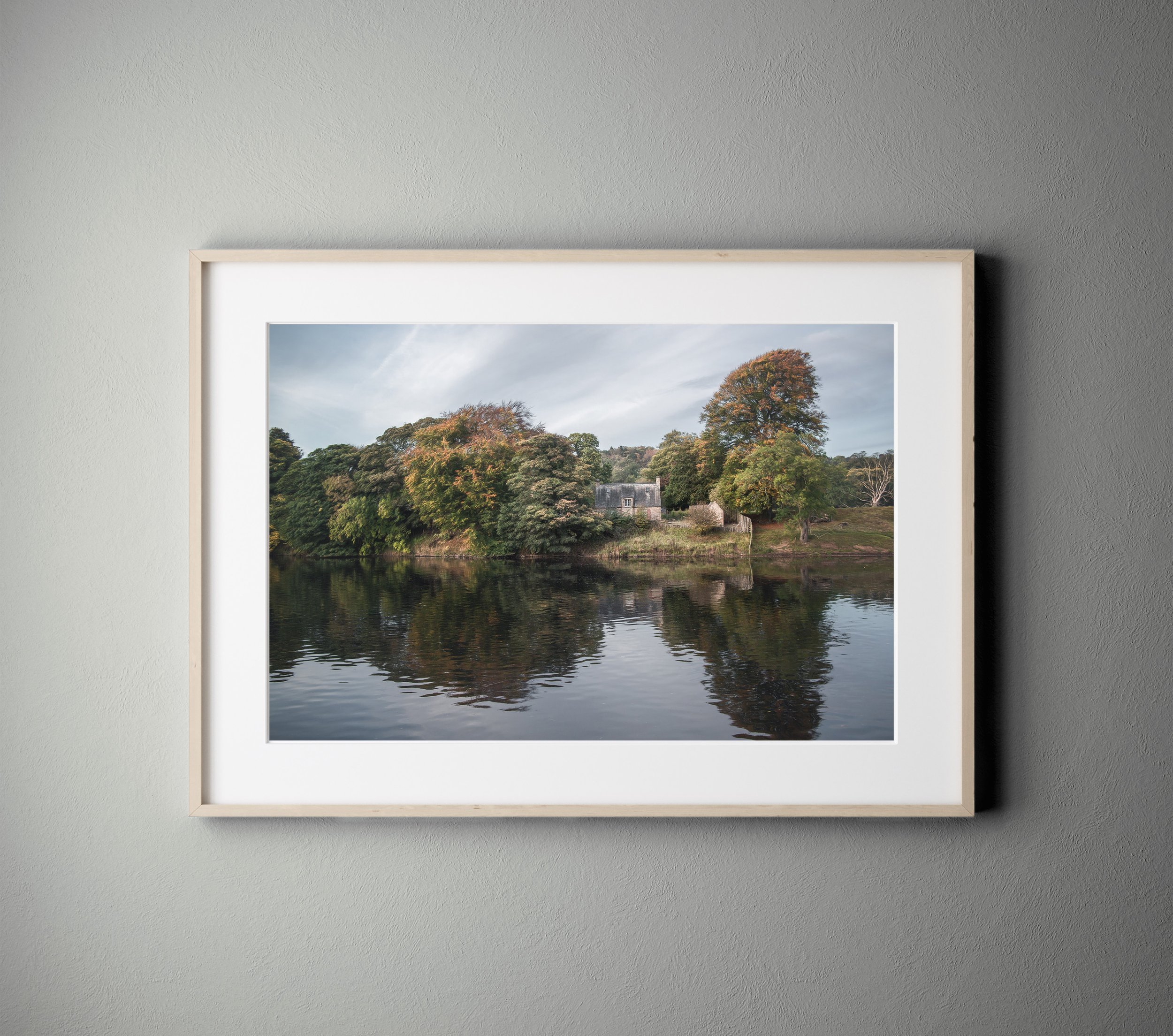 framed fine art landscape print of a cottage on the river tyne in hexham northumberland