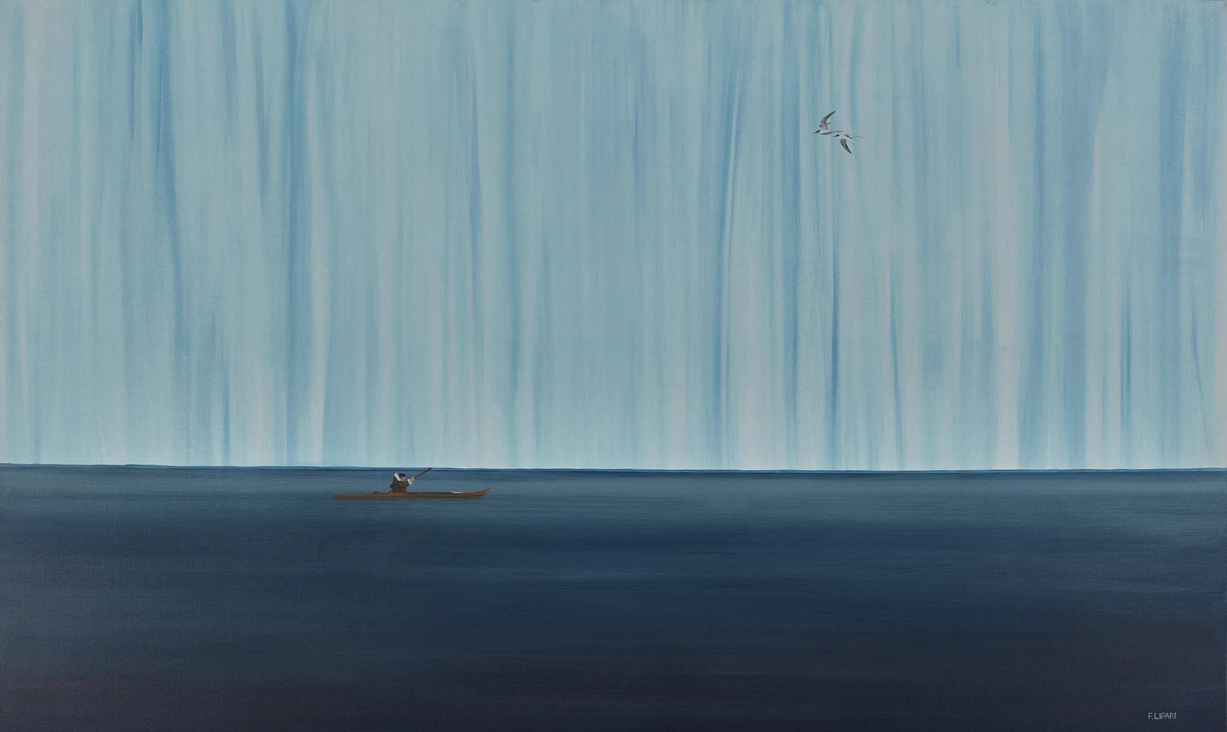 Mingitturniq - The Hunter | 2015, 60 x 30 acrylic on canvas. An Inuit on his Kayak is on the hunt for Seals and glides effortlessly by the Ice Cap as a pair of Arctic Terns fly by.