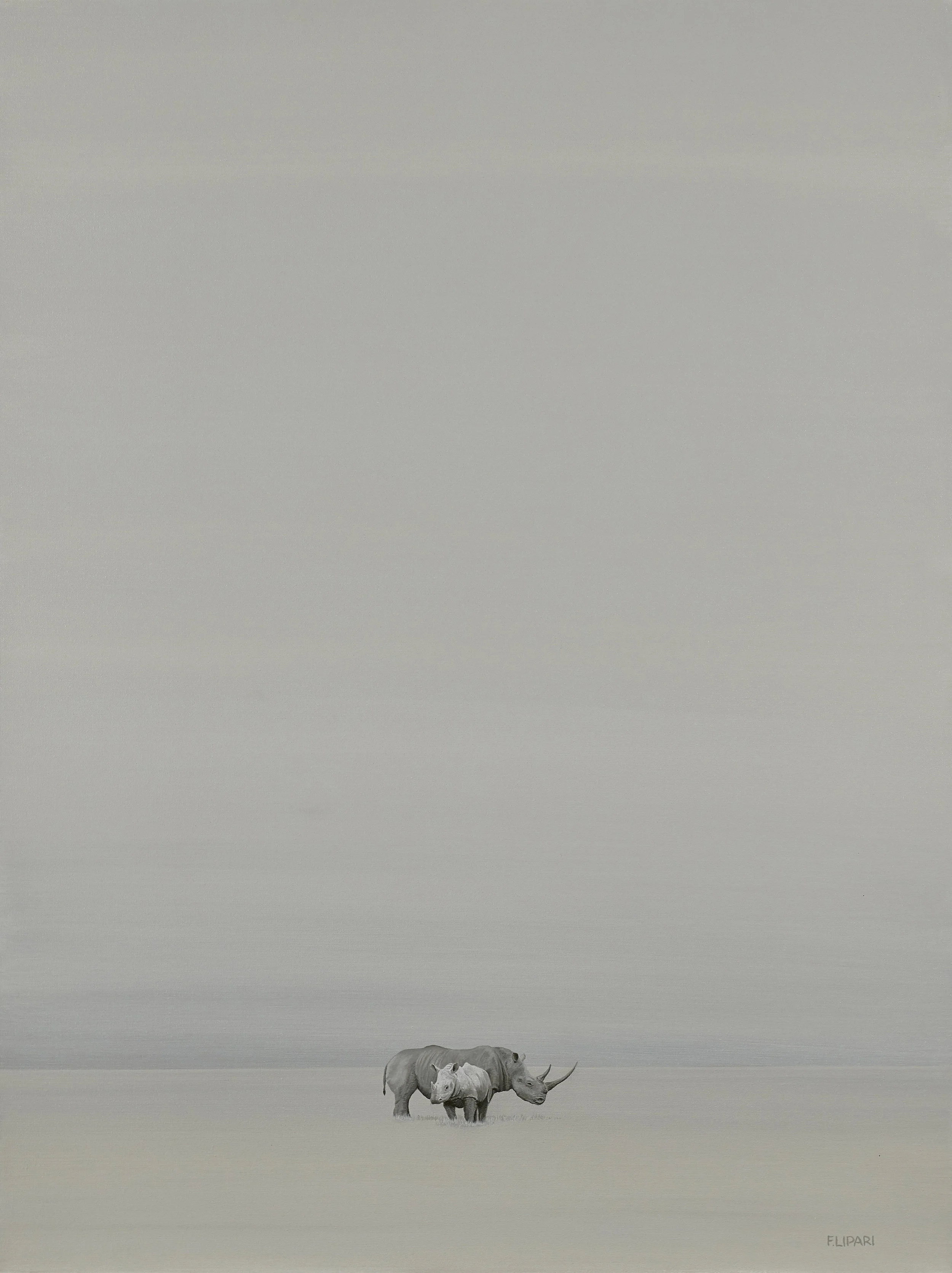Armoured Mother | 2017, 30 x 40 acrylic on canvas. A Mother Rhino and her calf. Very elusive beasts and a rare sighting.