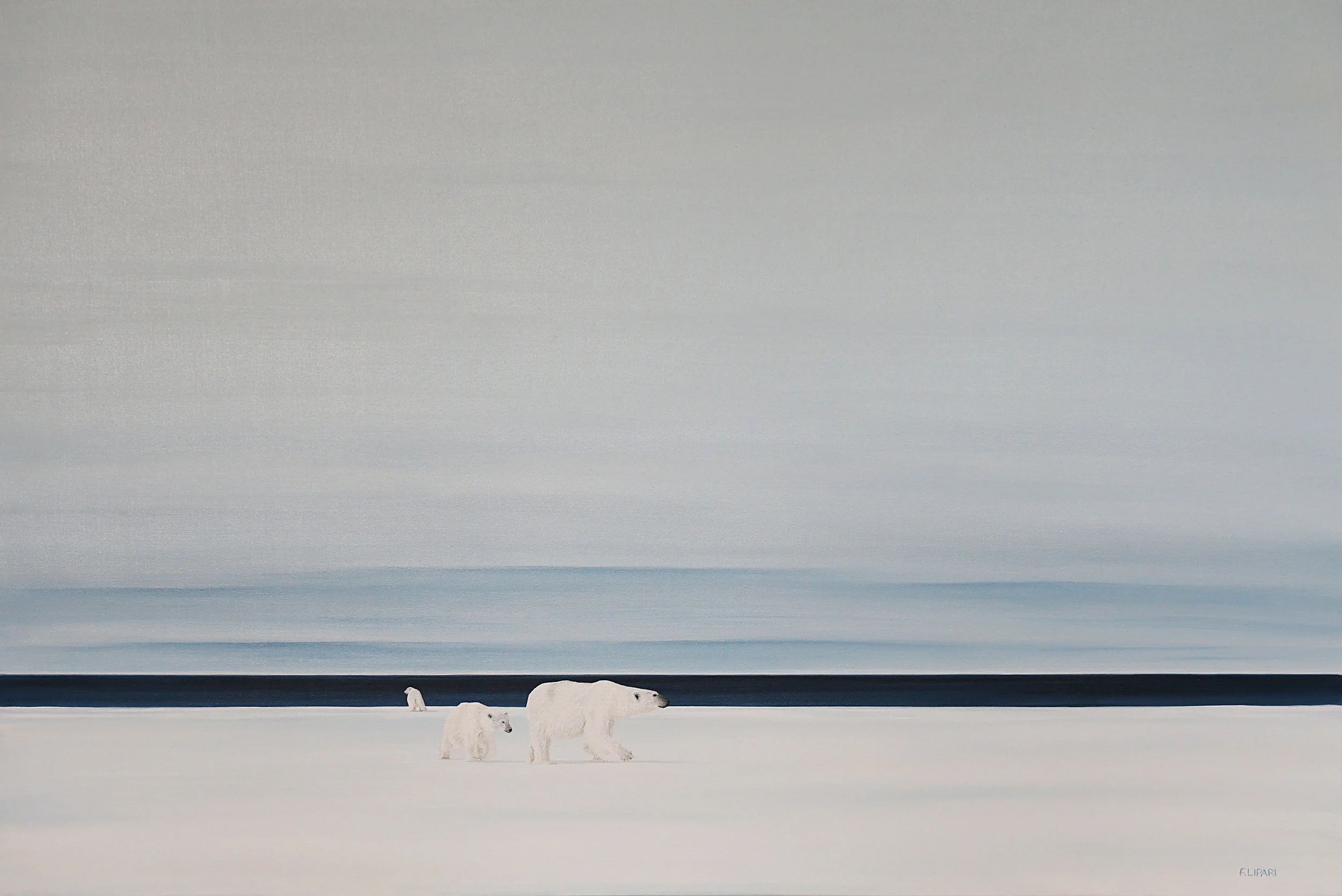 Edge Of Existence | 2018, 60 x 40 acrylic on canvas. A mother with her two cubs on the edge of ice near the edge of the world. Is this The Edge Of Their Existence?