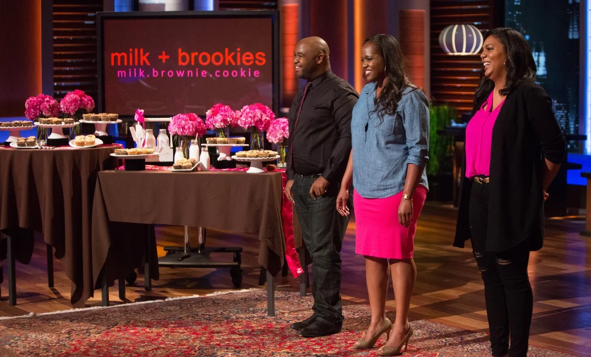 Shark Tank Episode 706: Marques Brooks, Jovon English and Naimah Harris of Milk + Brookies in Los Angeles hope to start a tasty trend with their baked-to-order brownies and cookies mashup. Tisa Smart-Washington was not able to appear. (ABC/Michael D…