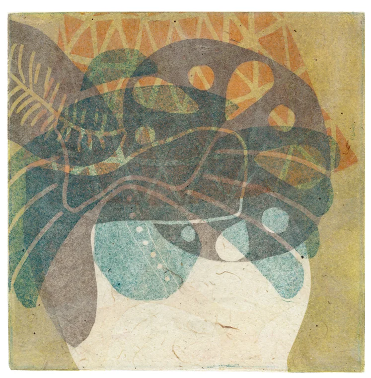 Monoprint with etching and collage, 6" x 6"