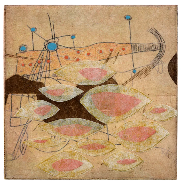 Monoprint with etching and collage, 6" x 6"