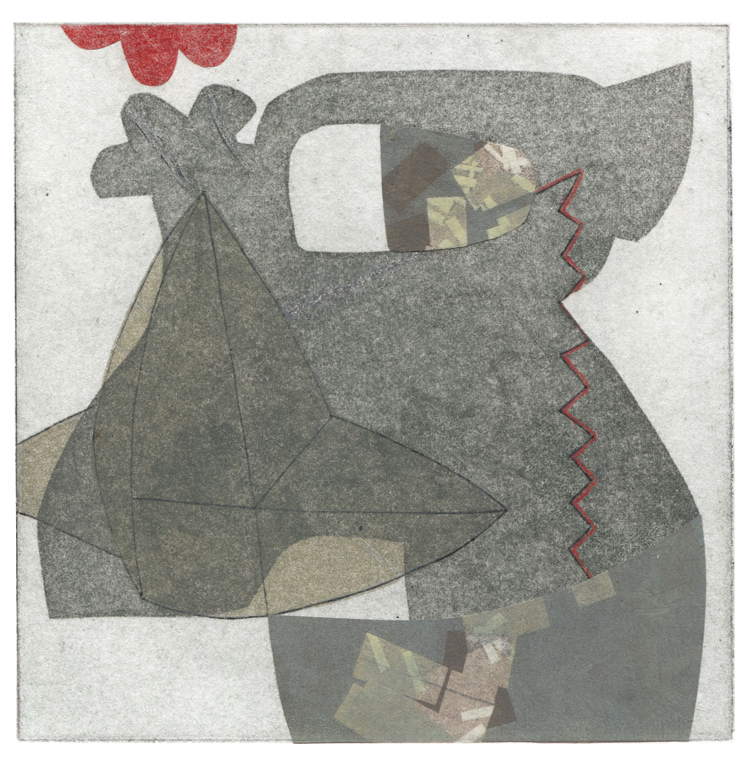 Monoprint with etching and collage, 6" x 6"