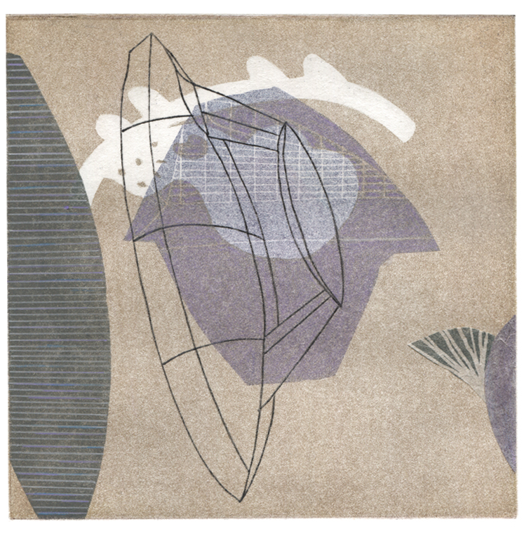 Monoprint with etching and collage, 6" x 6"