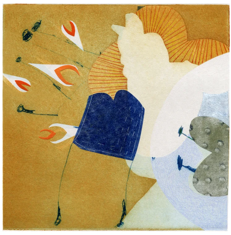 Monoprint with etching and collage, 6" x 6"