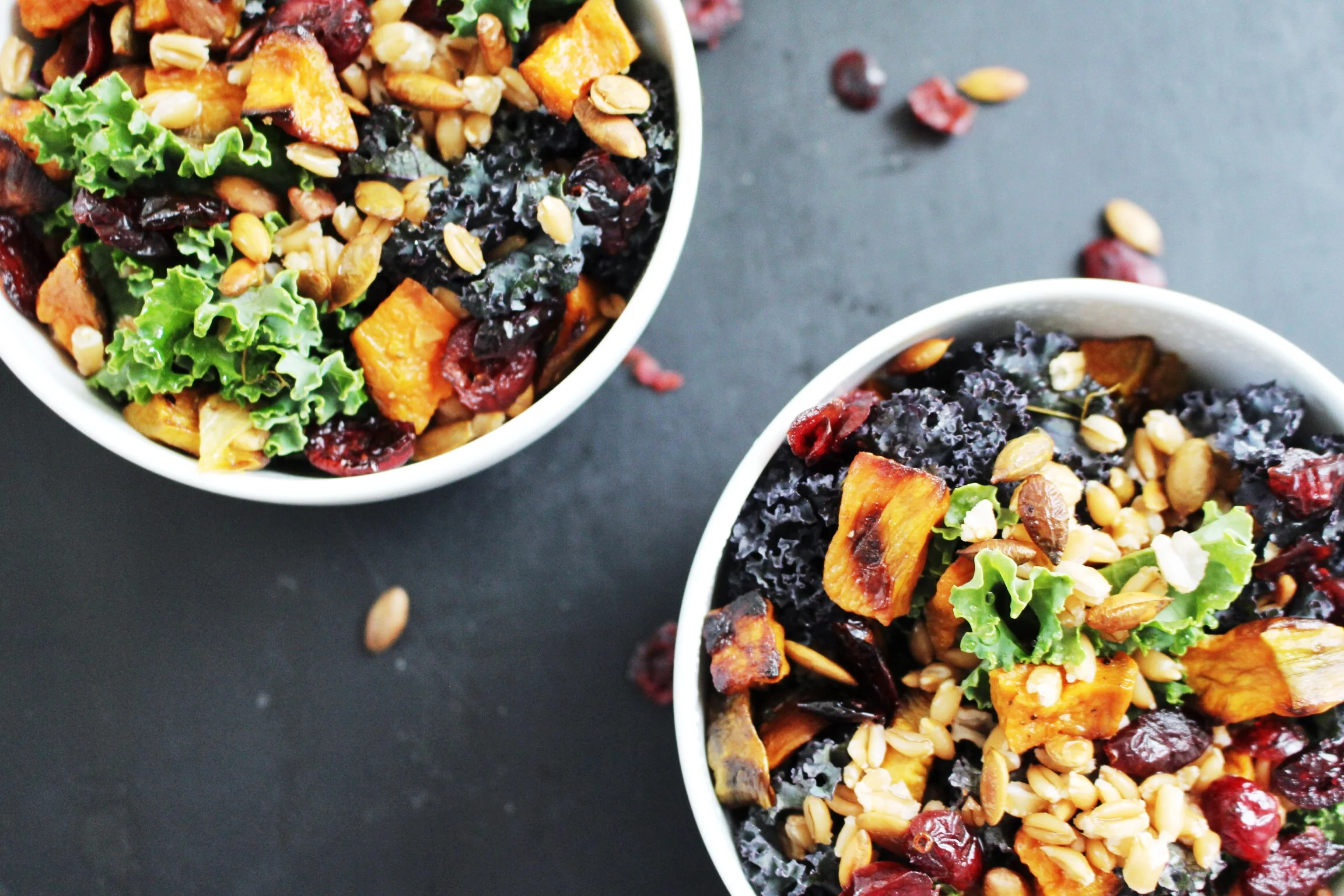 Snowed In and Roasted Sweet Potato, Farro, Kale Salad with Warm Cinnamon-Honey Dressing
