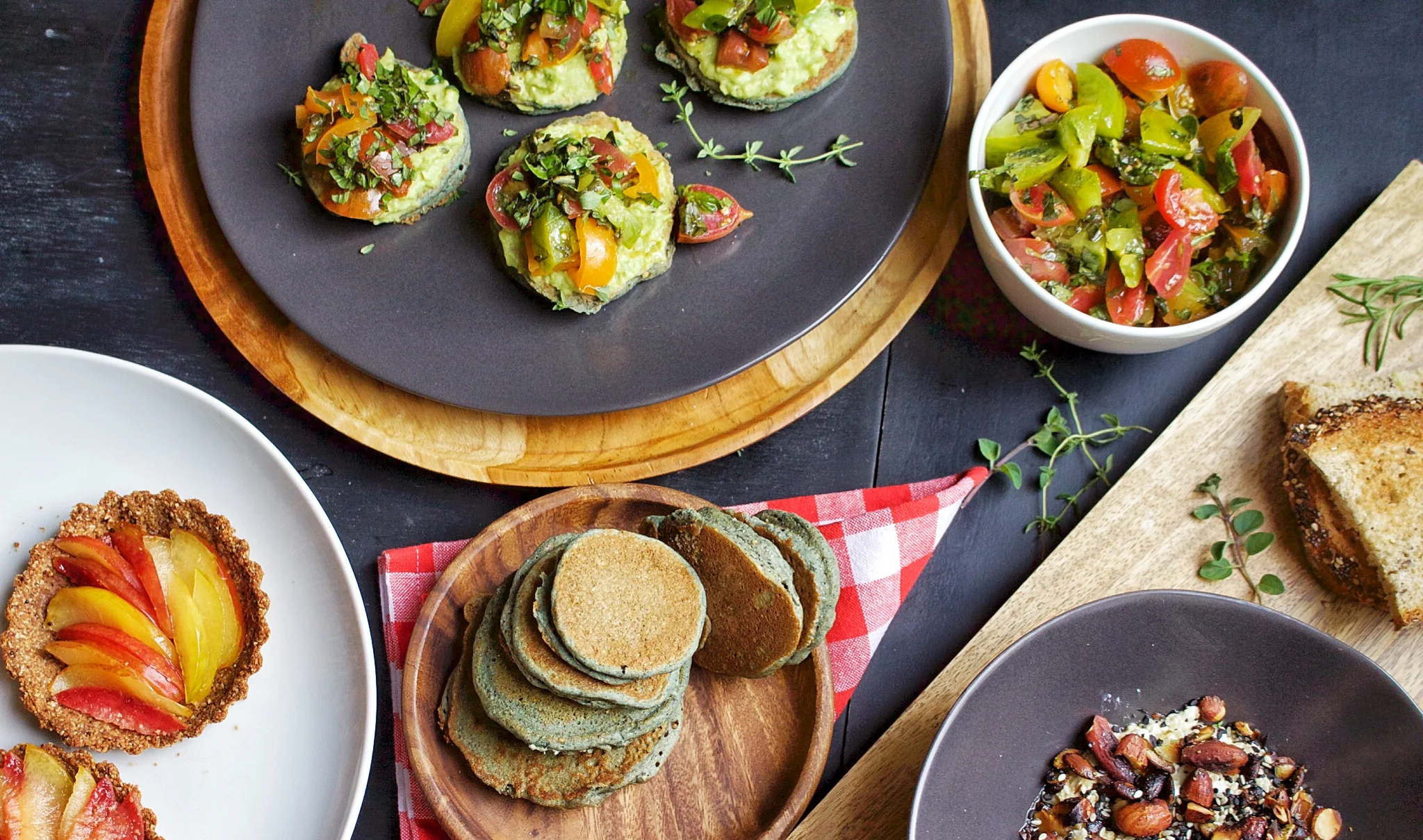 Blue Corn Cakes Topped with Avocado and Herby Heirloom Tomatoes 