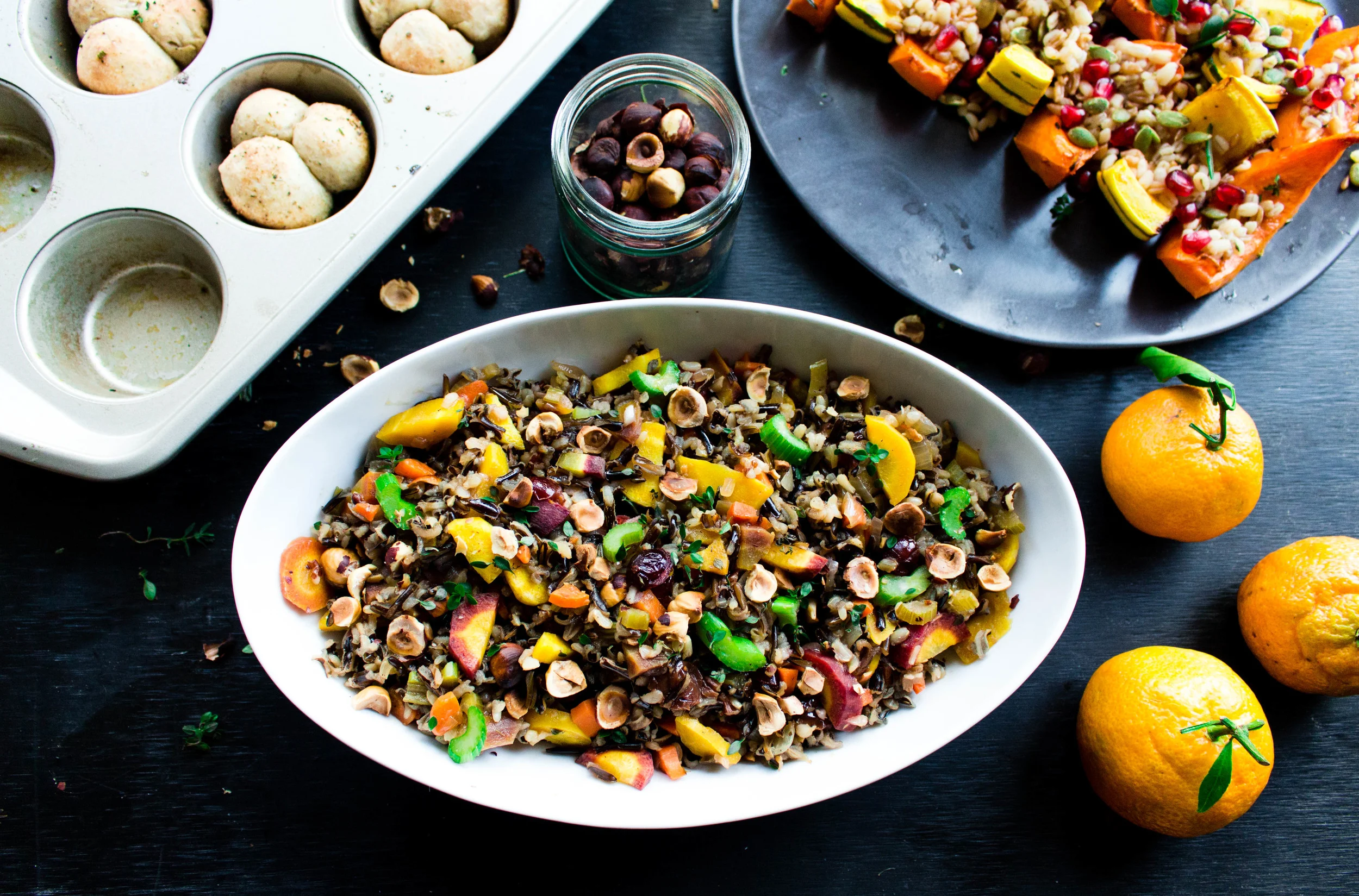 Thanksgiving Vegetarian Wild Rice Dressing with Roasted Hazelnuts