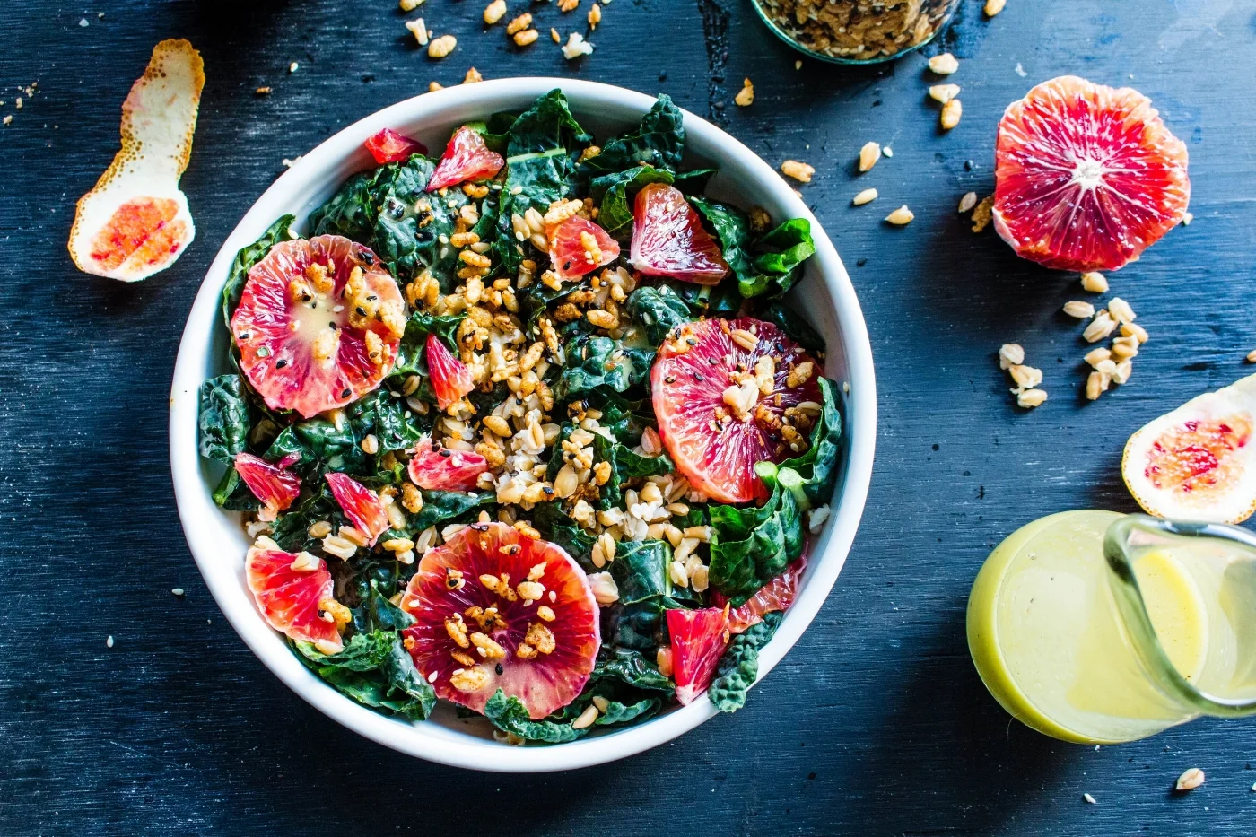 Blood Orange Kale Salad with Farro and Crispy Rice Clusters