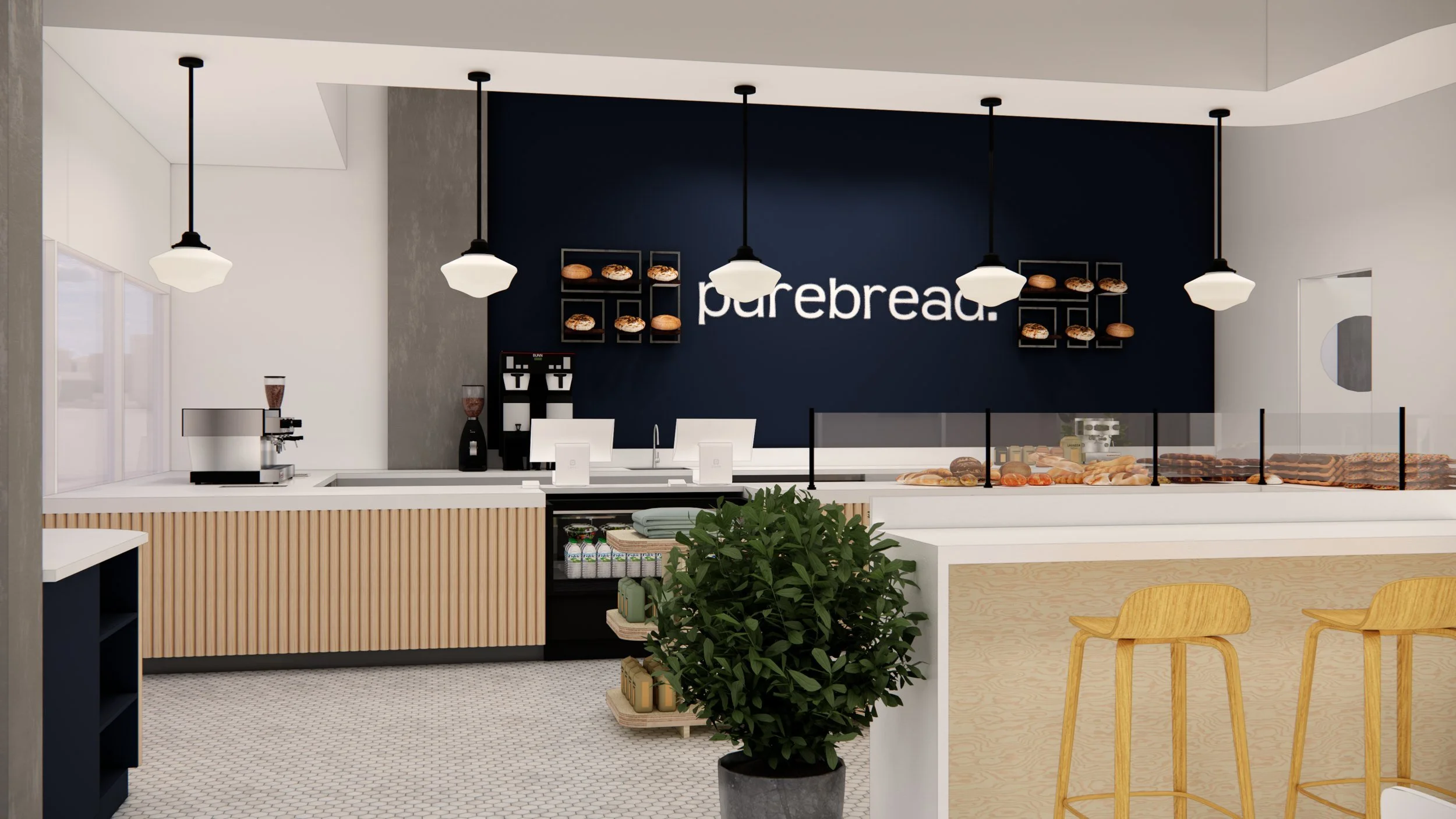 Bakery cafe rendering with a navy feature wall, pendant lights, fluted oak counter and display case