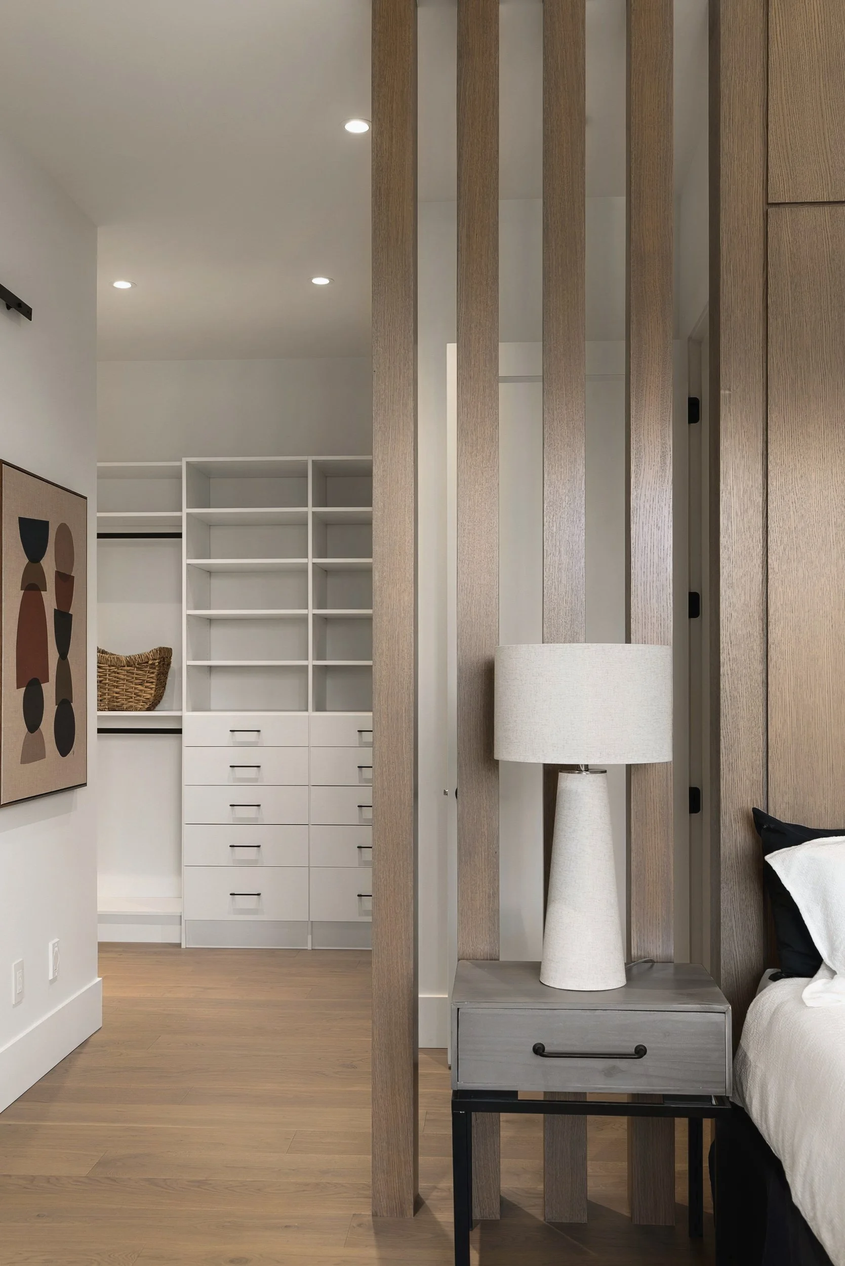 Wood slat screen between the bedroom and the walk-in closet, Terrace House, Predator Ridge