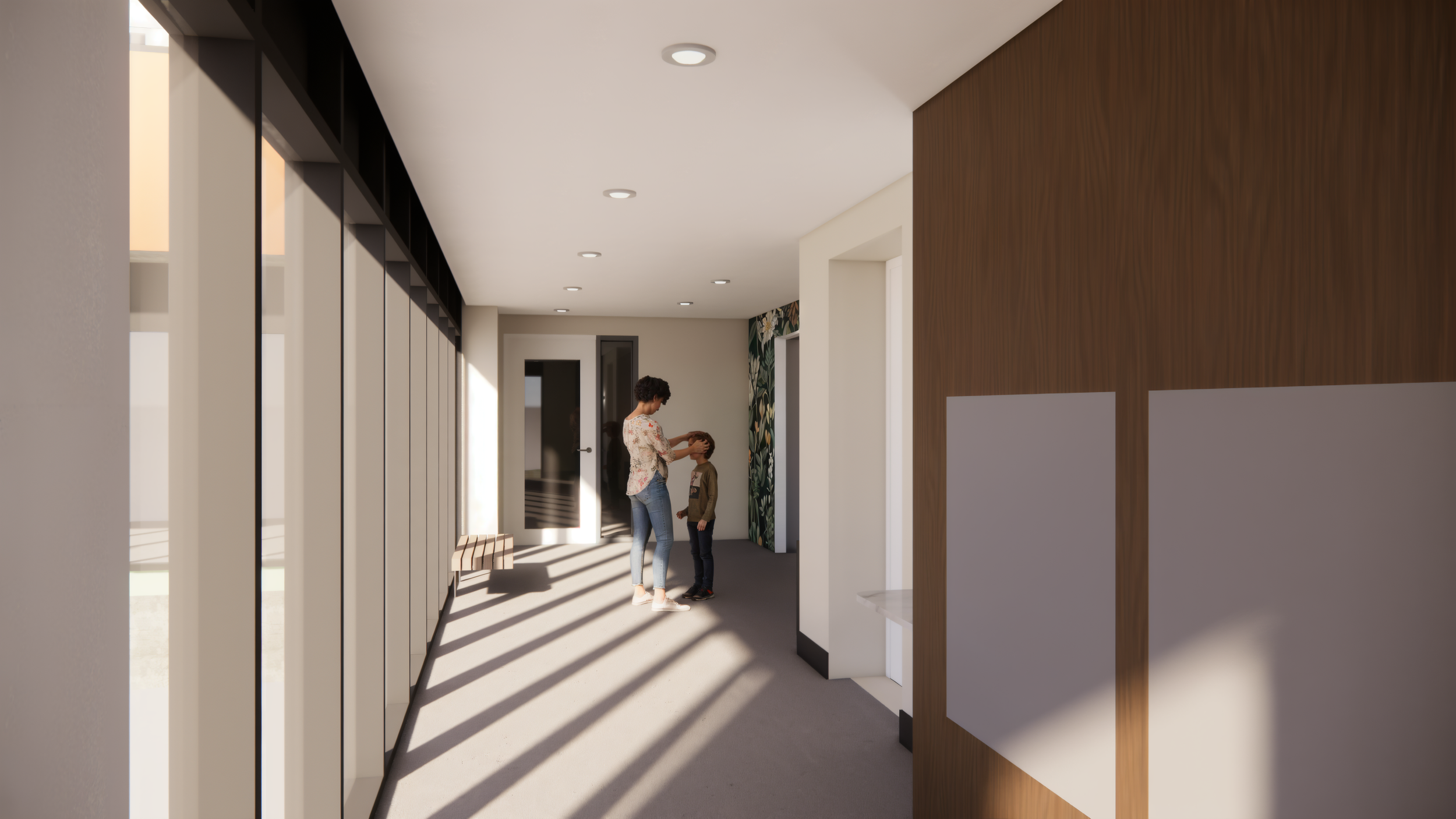 Brookside design render — main floor lobby corridor