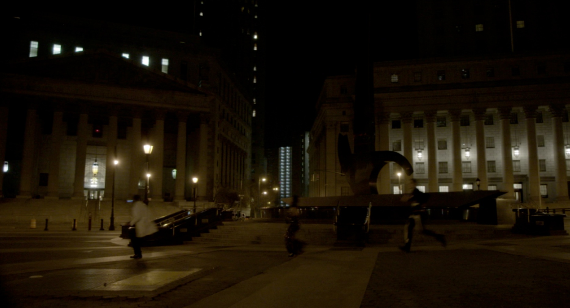  The director of this film has somewhat of an infatuation with New York City's Financial District. Both films I've shot for him feature its architecture pretty prominently. For this shot toward the end of Dominik's journey, I composed it with the cit