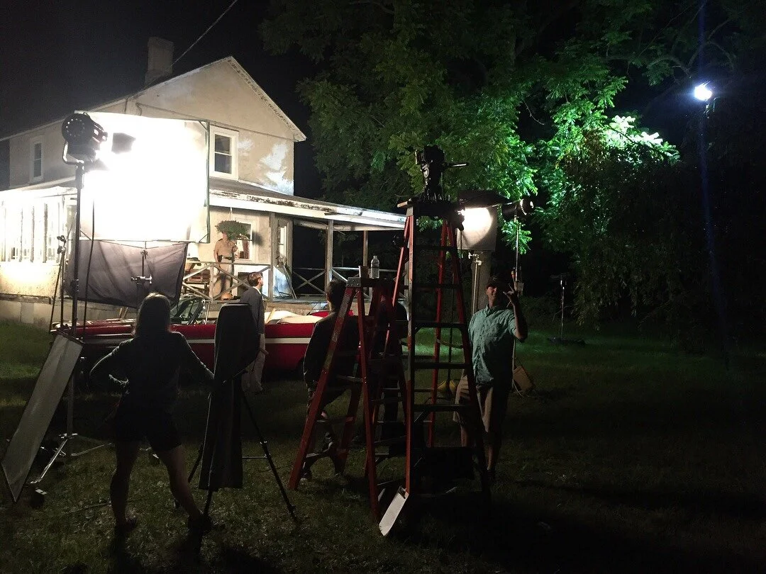 My Camera Assistant stands next to the LF camera with the dark cloth draped over it. The Pentax is in position atop the ladder.