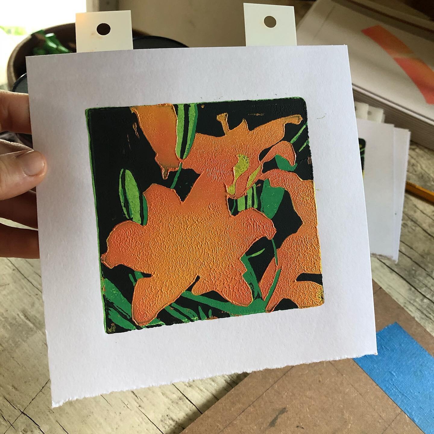My Wee print of the month is a reduction print of the lillies that DEFINE summer in Vermont. Here it is waiting for ONE MORE LAYER...
