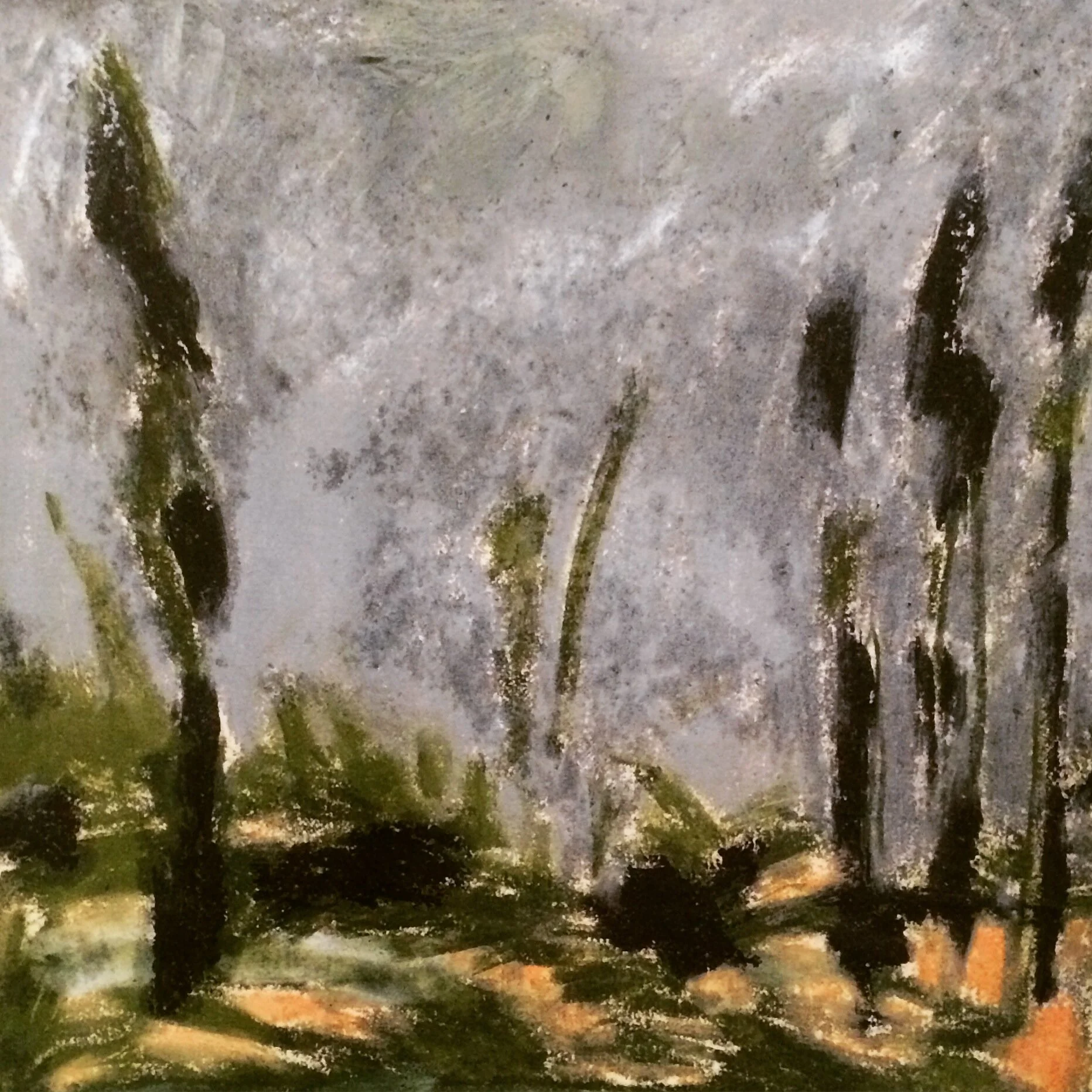 in the field at night, 1995, oil stick on pastel on paper, 8 x 7 in.