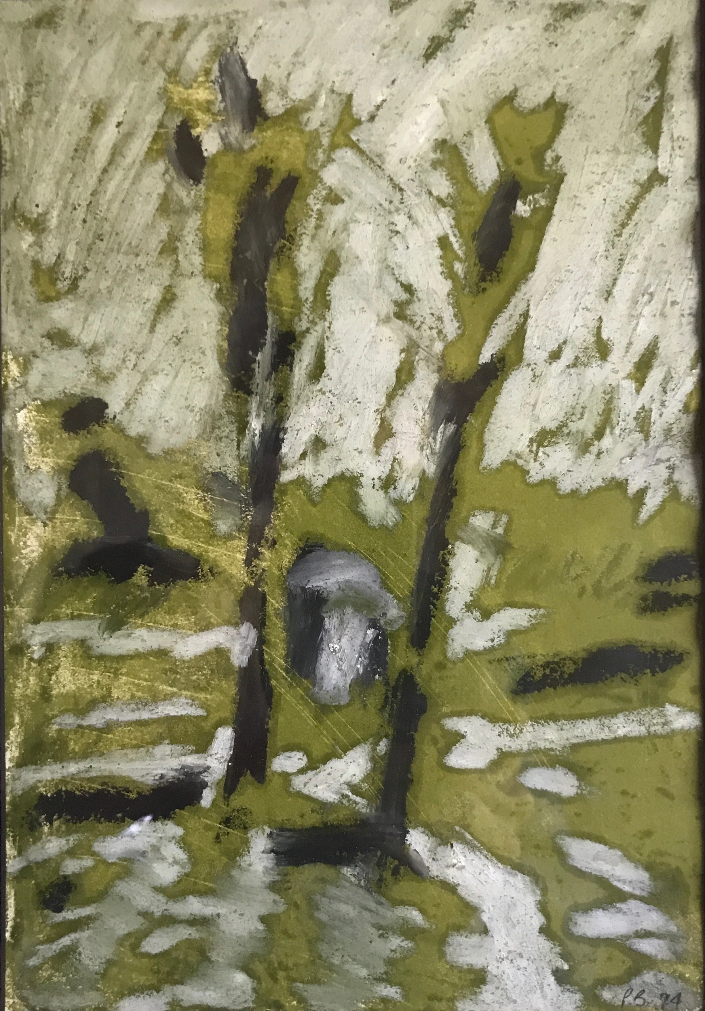 the path between the trees, 1995,  oil stick on pastel on paper, 10 x 7 in.