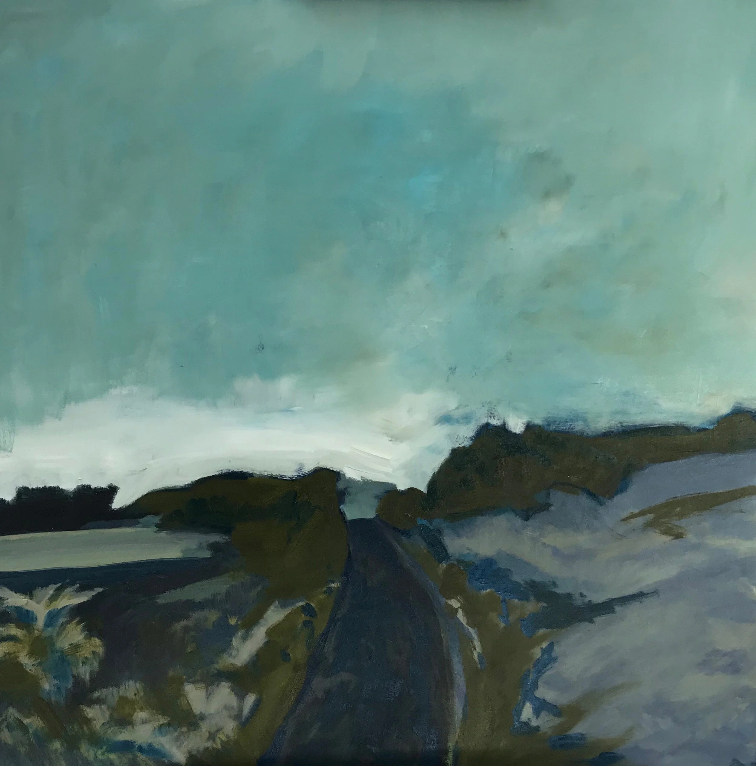 side road looking south, 2019, oil on wood, 36 x 36 in.