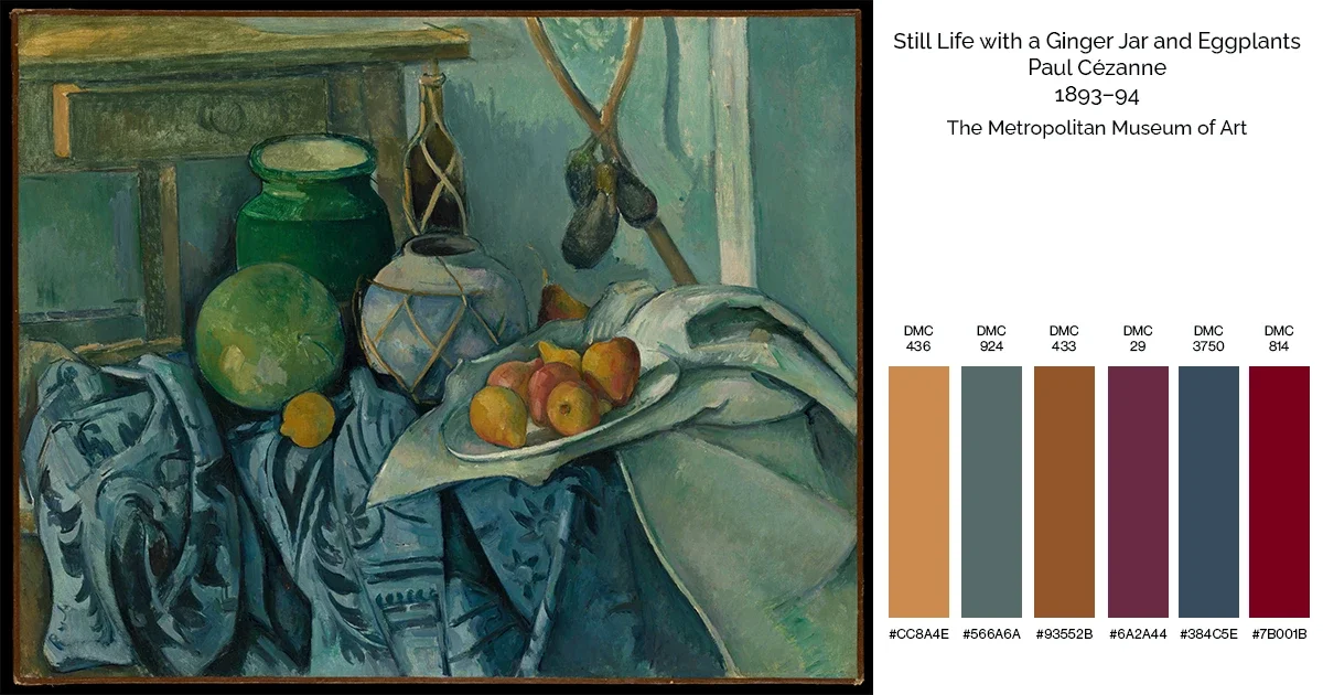 Paul Cézanne’s Still Life with a Ginger Jar and Eggplants, 1893-94, The Metropolitan Museum of Art, beside six color swatches matched to DMC floss 436, 924, 433, 29, 3750, and 814.