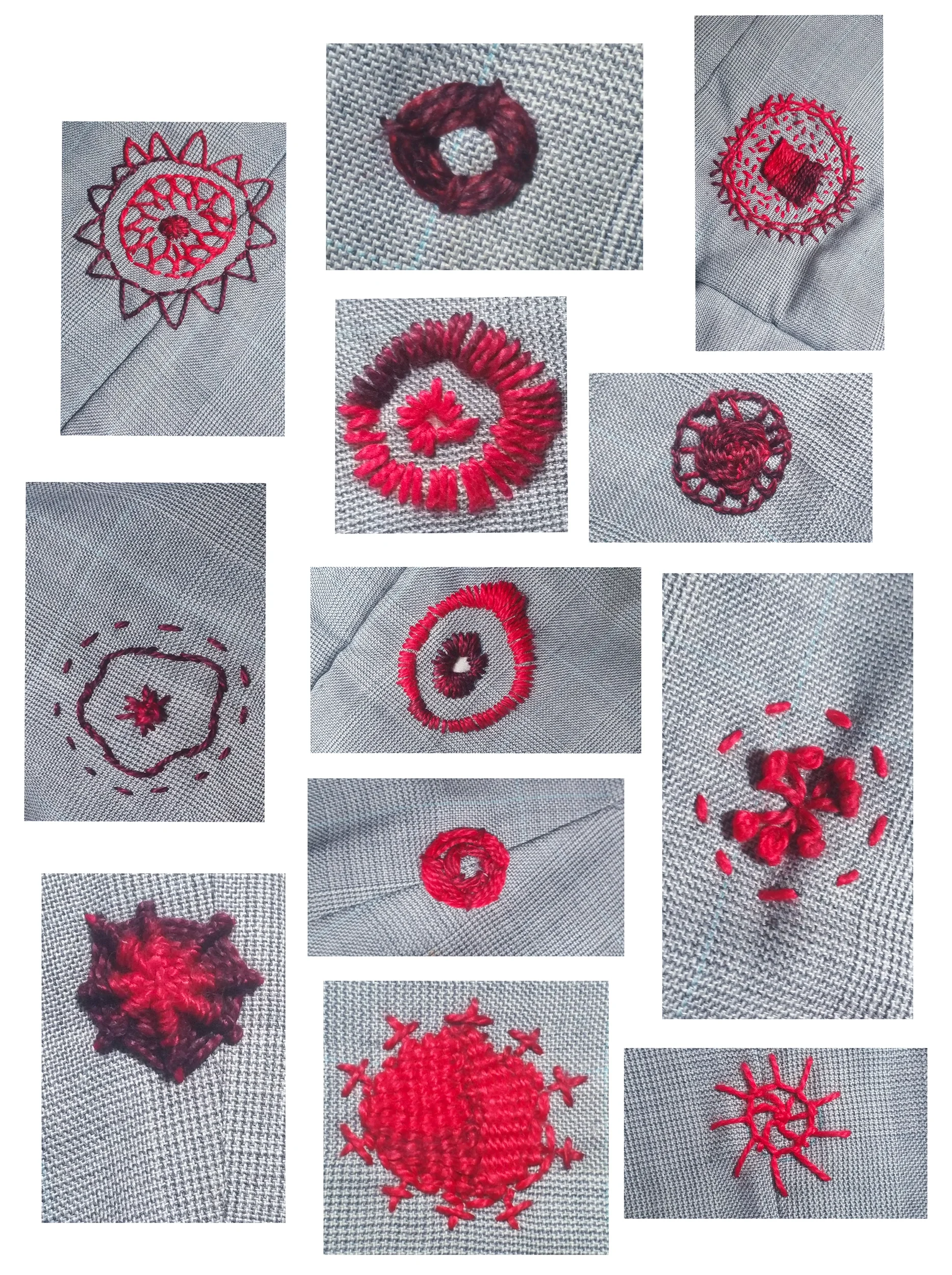 Grid of close-up detail photos showing red visible mending stitches, including buttonhole wheel and woven web embroidery motifs on grey wool fabric.