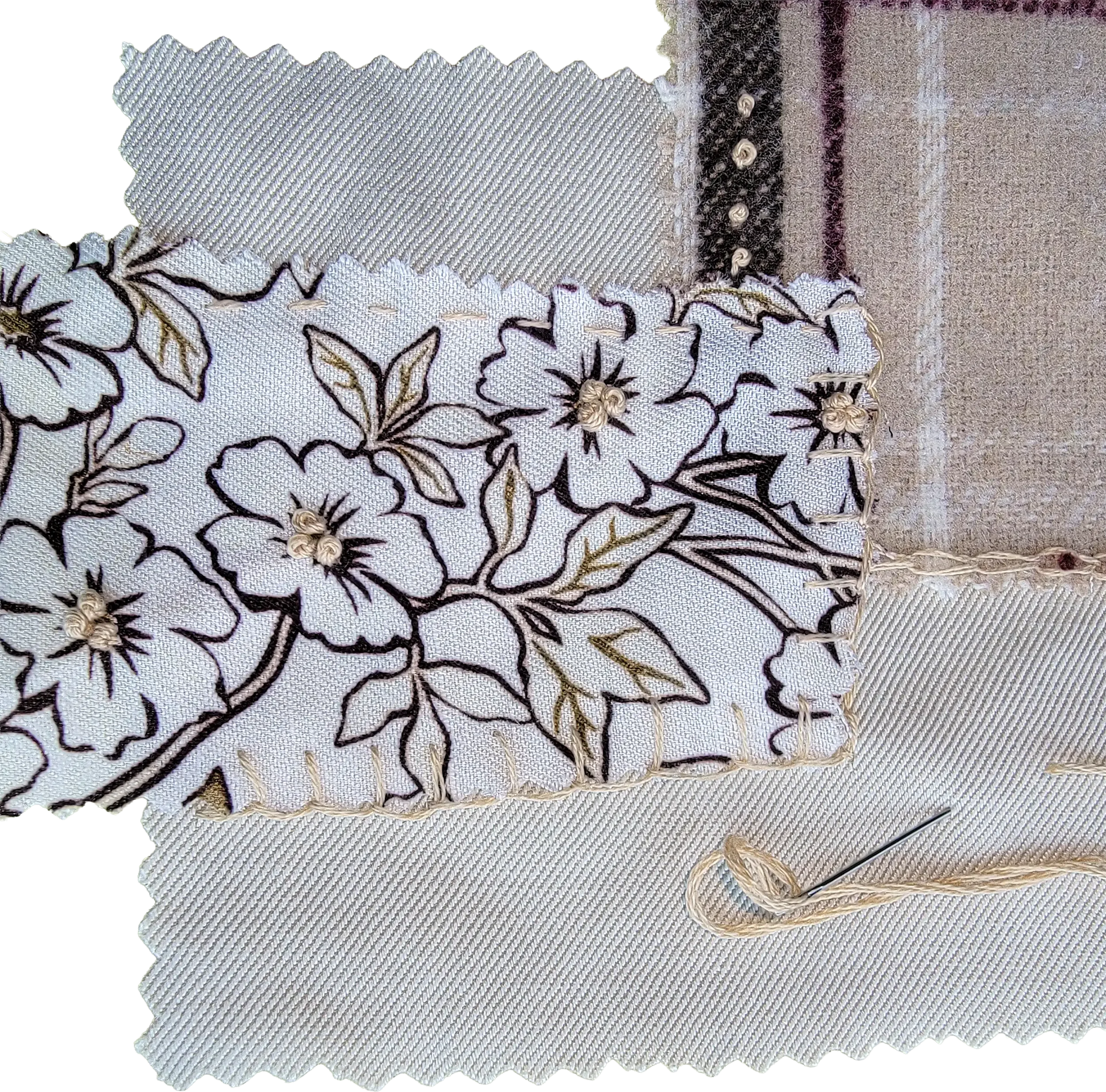 Hand-Stitched Swatch Patch: Patches travel with me — this one is built from discarded fabric swatch samples, waste from a manufacturer's sample book, layered together and joined with blanket stitch. A scatter of French knots in cream sits over the fl