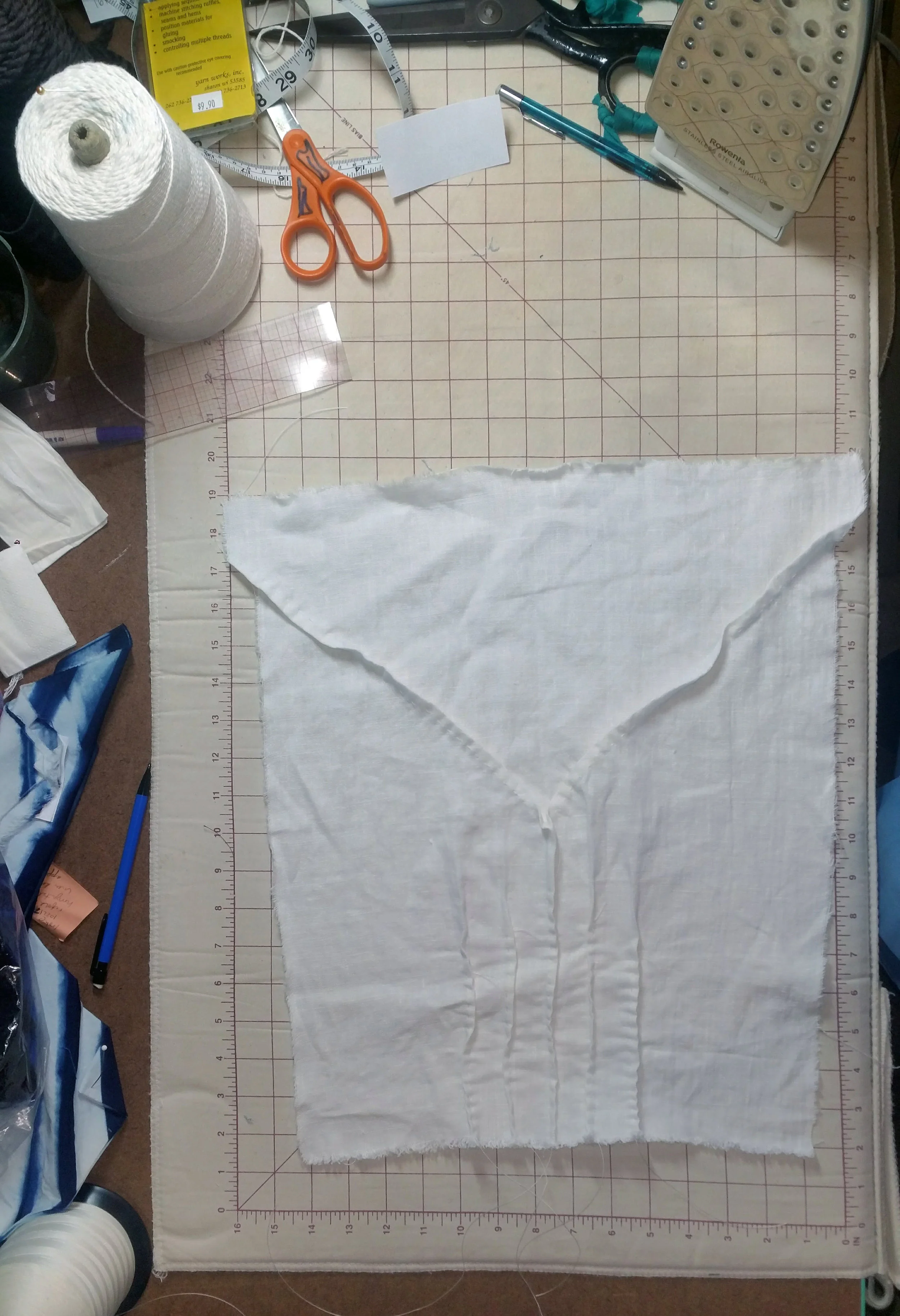 Linen panel after hira-nui shibor stitching by Carlyn Clark