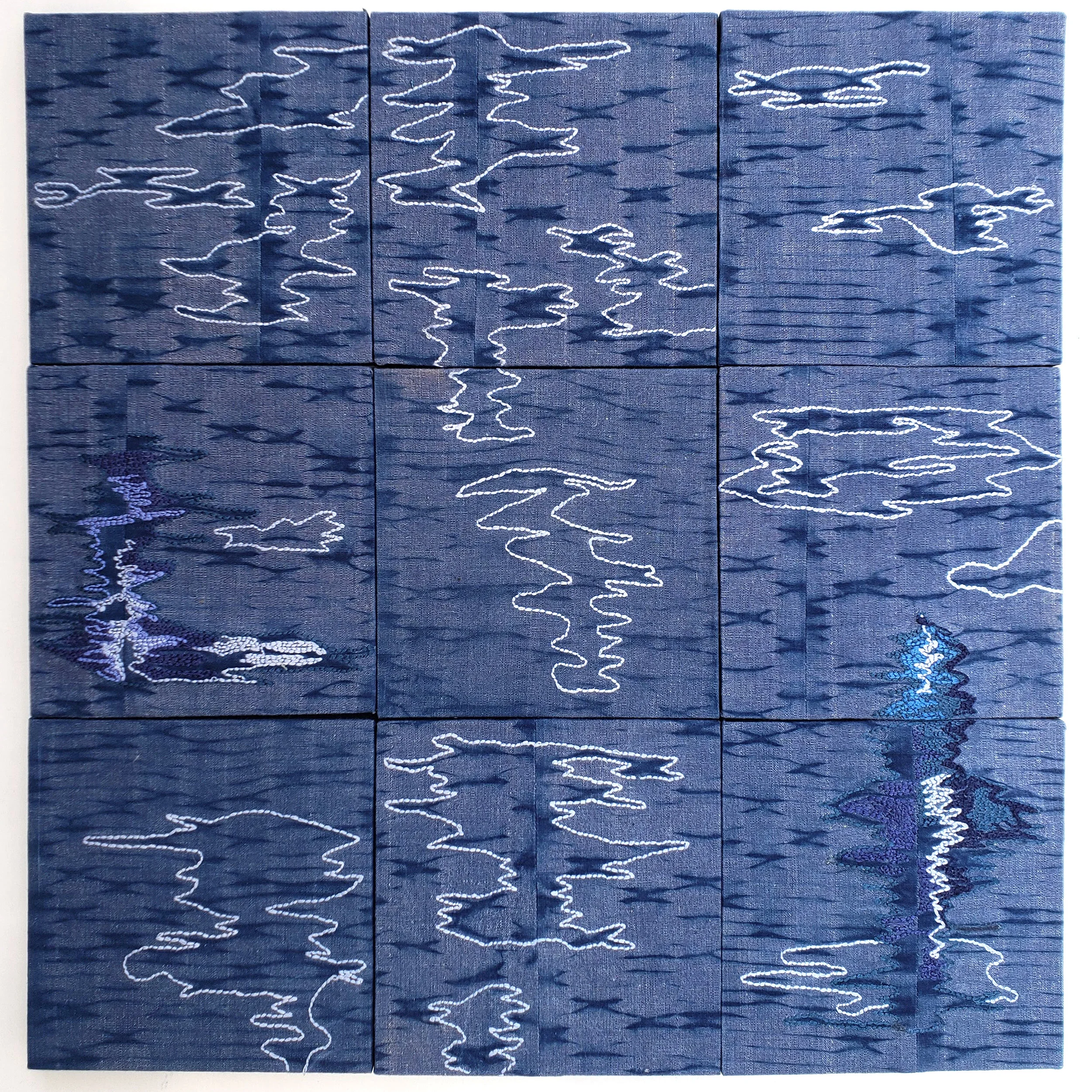 “Writ In Water”, 2019, mixed media, 9 panels. 18” x 18” overall
