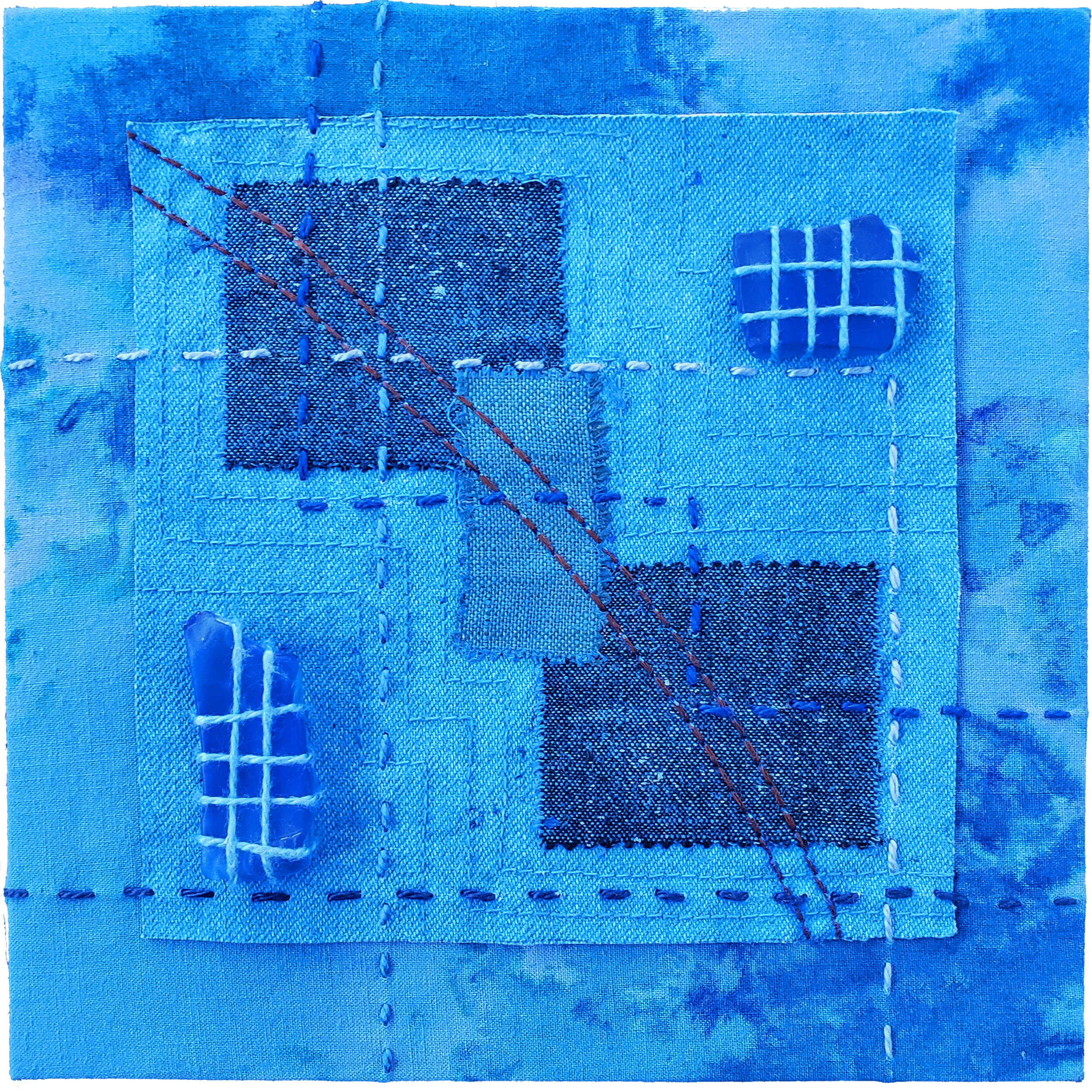  Held in Common: Blue #1  6” x 6” x 3/4” Indigo-dyed fabric, hand-stitched with scavenged sea glass, block printing, and industrial waste offcuts, laminated onto a Baltic birch plywood panel.