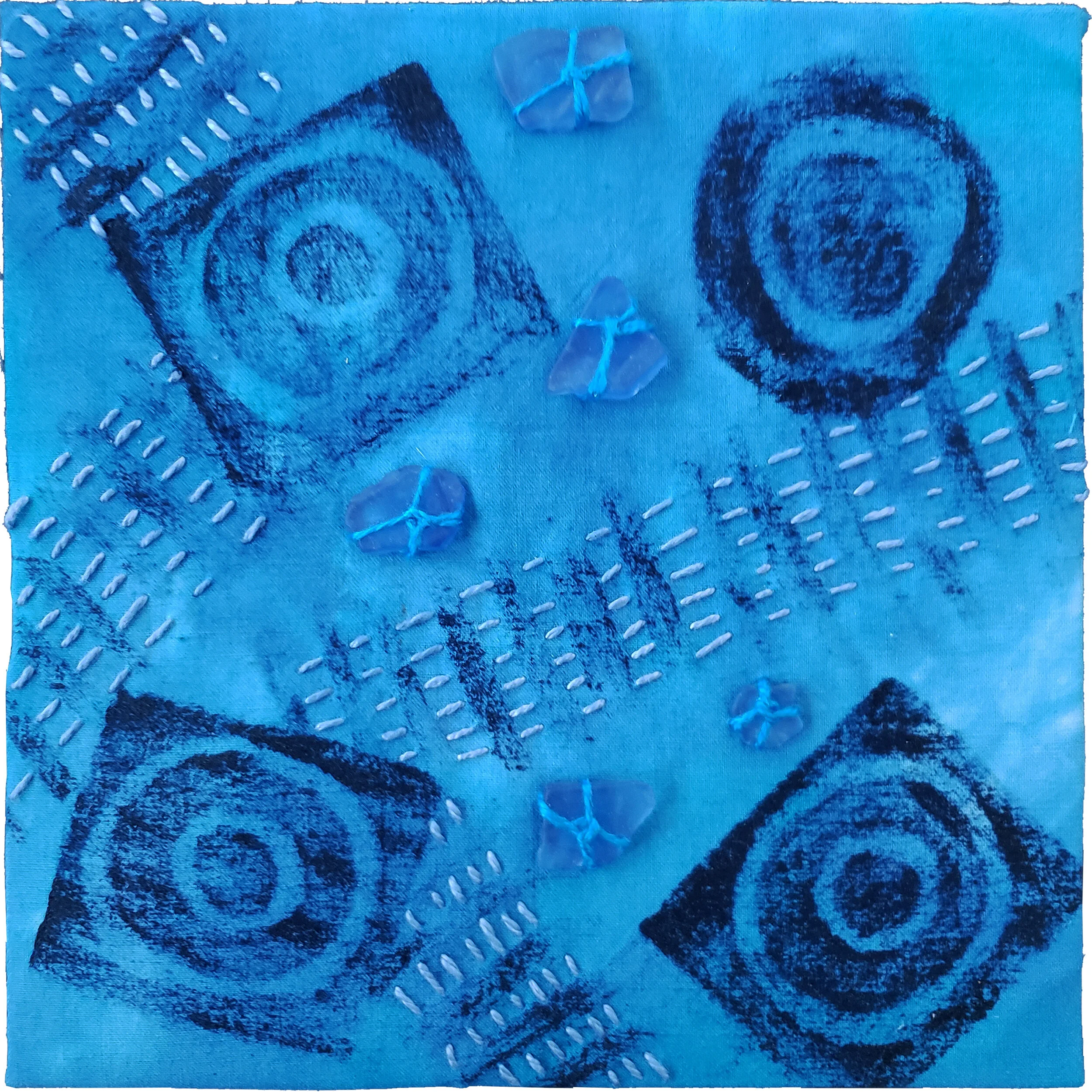  Held in Common: Blue #8  6” x 6” x 3/4” Indigo-dyed fabric, hand-stitched with scavenged sea glass, block printing, and industrial waste offcuts, laminated onto a Baltic birch plywood panel