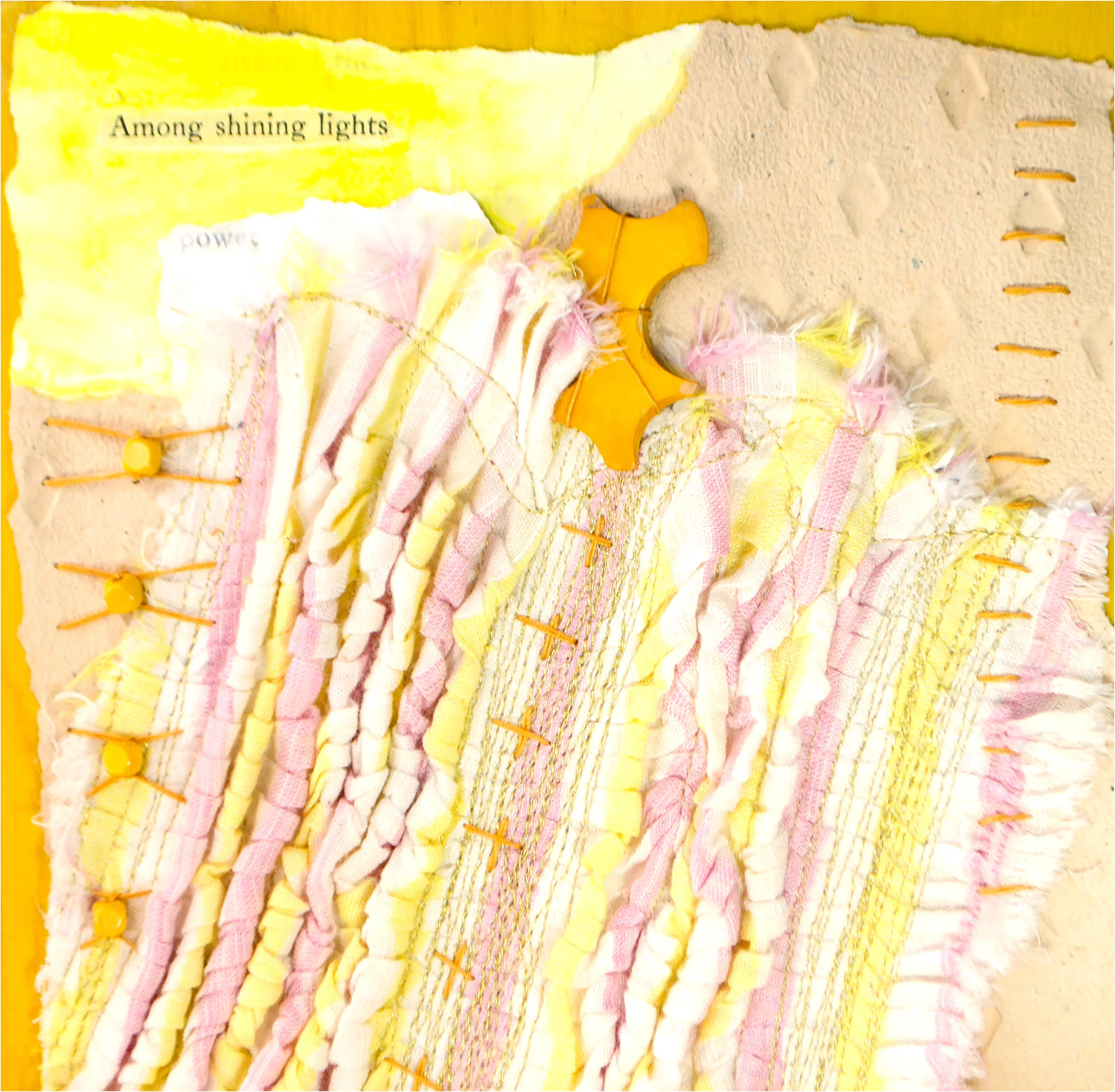 Held in Common: Yellow #2 by Carlyn Clark, mixed media on birch panel with hand stitching and found text