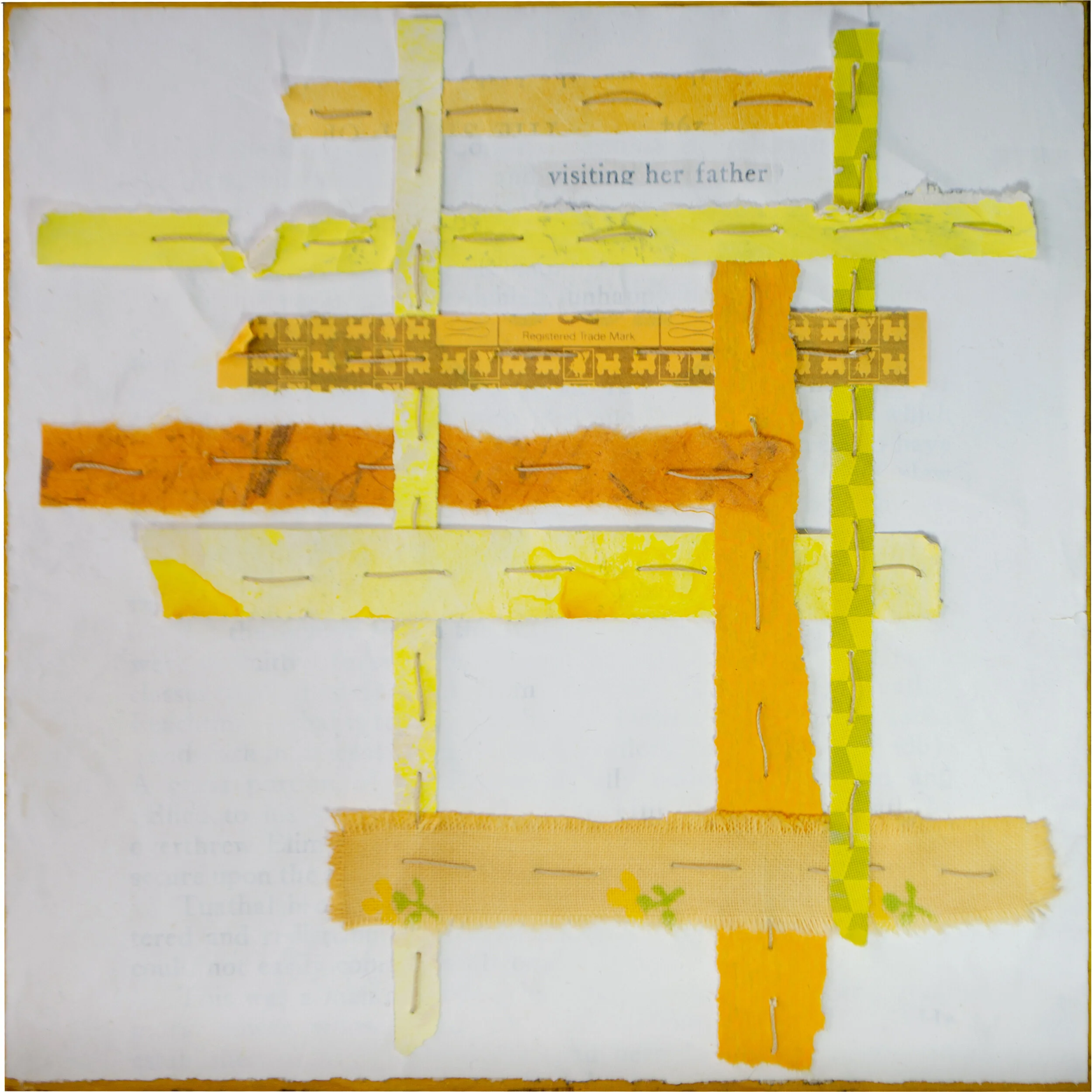 Held in Common: Yellow #3a by Carlyn Clark, mixed media grid composition with woven paper strips, hand stitching, and found text