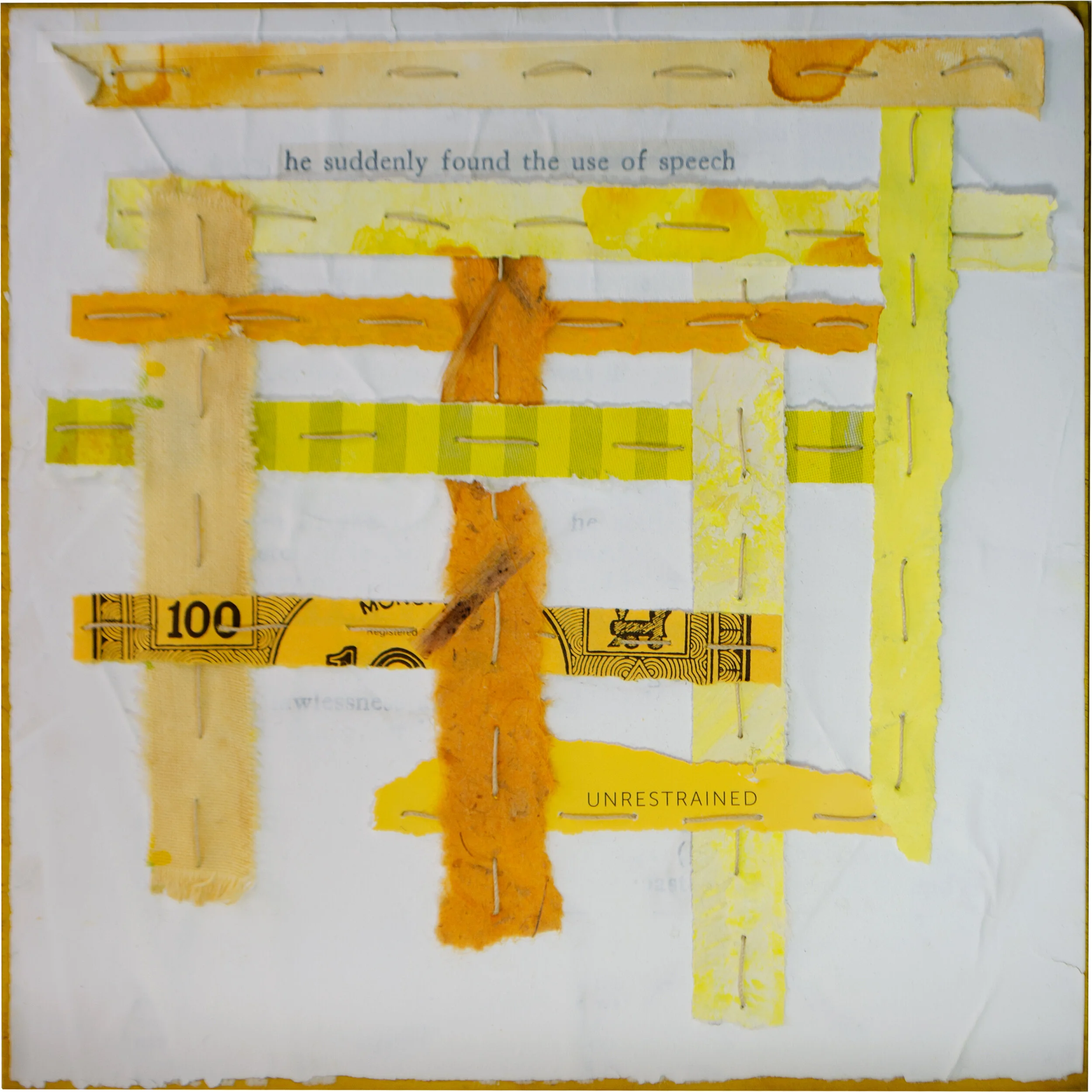 Held in Common: Yellow #3b by Carlyn Clark, mixed media grid composition with woven paper strips, hand stitching, and found text