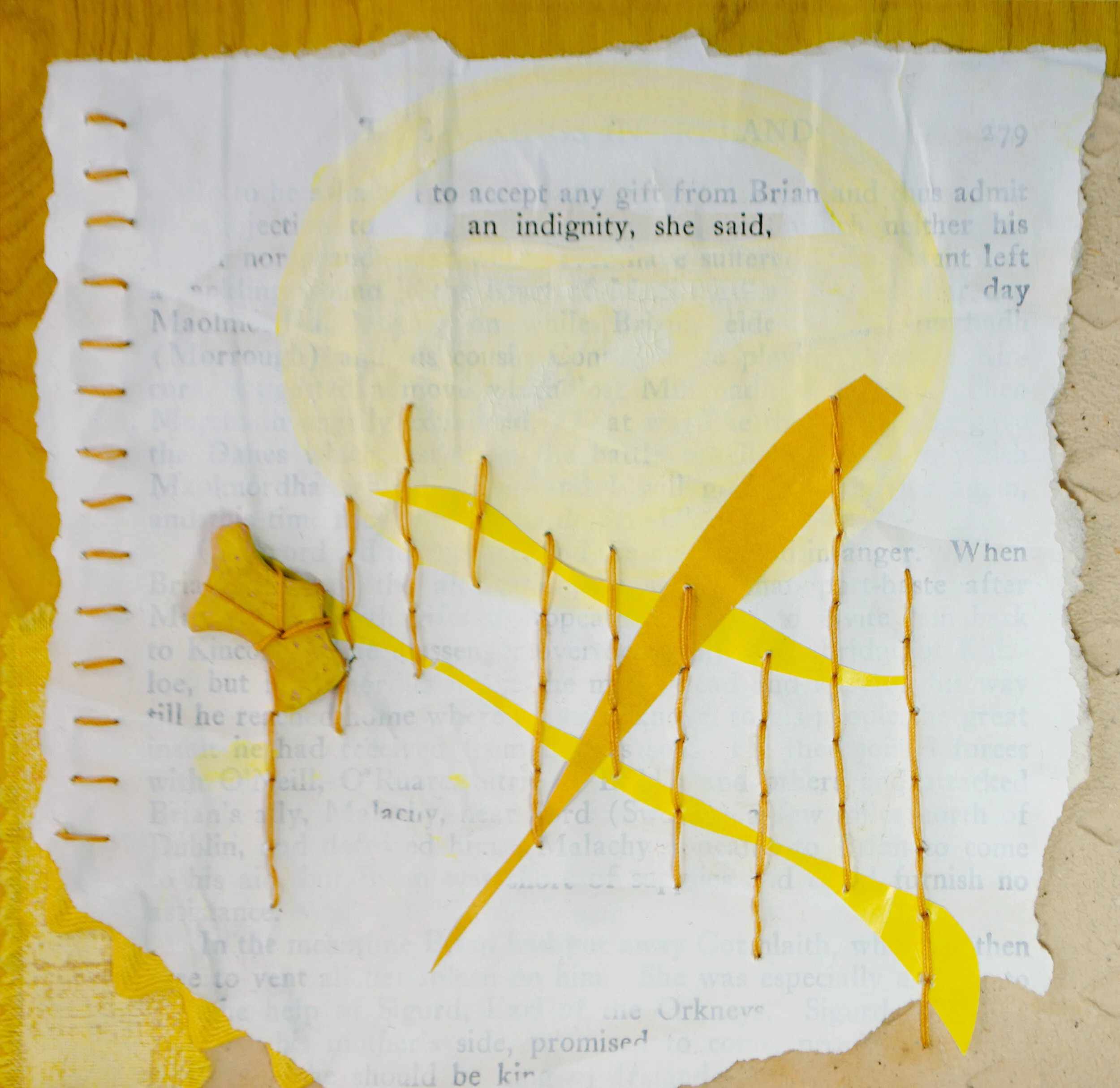 Held in Common: Yellow #4 by Carlyn Clark, mixed media composition on torn paper with hand stitching, painted coconut shell, translucent yellow washes, and found text