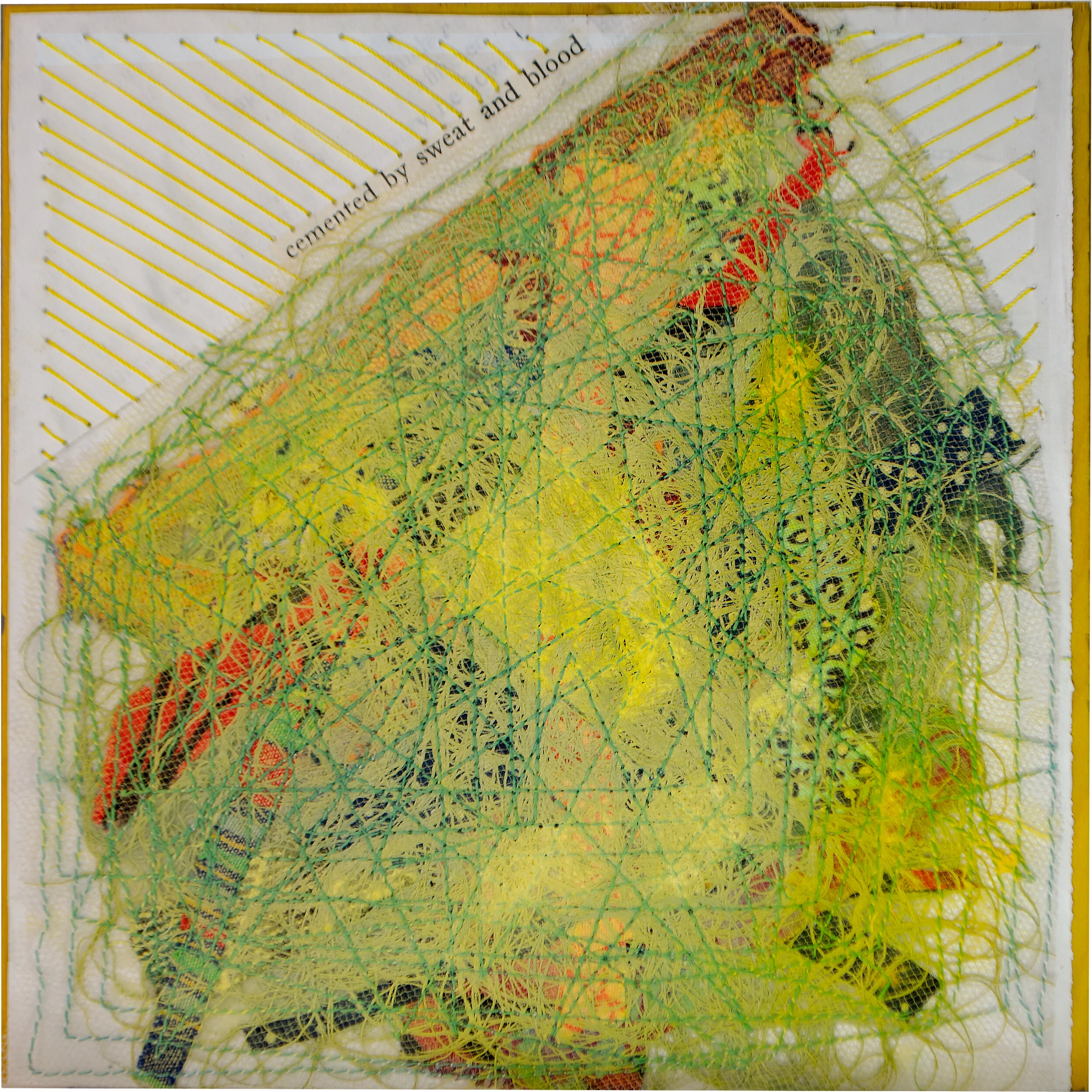 Held in Common: Yellow #5 by Carlyn Clark, mixed media fiber art featuring layered thread netting, diagonal line patterns, and found text