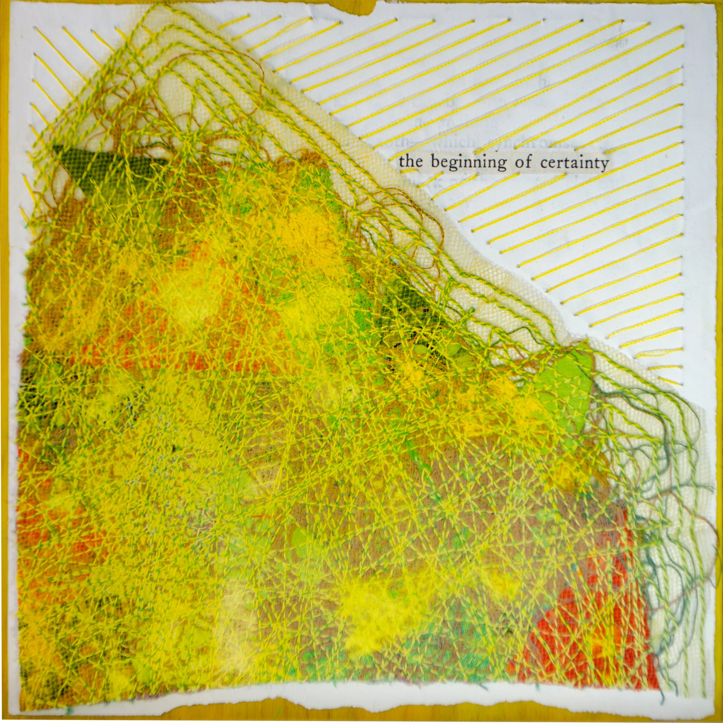 Held in Common: Yellow #5 by Carlyn Clark, mixed media fiber art featuring layered thread netting, diagonal line patterns, and found text