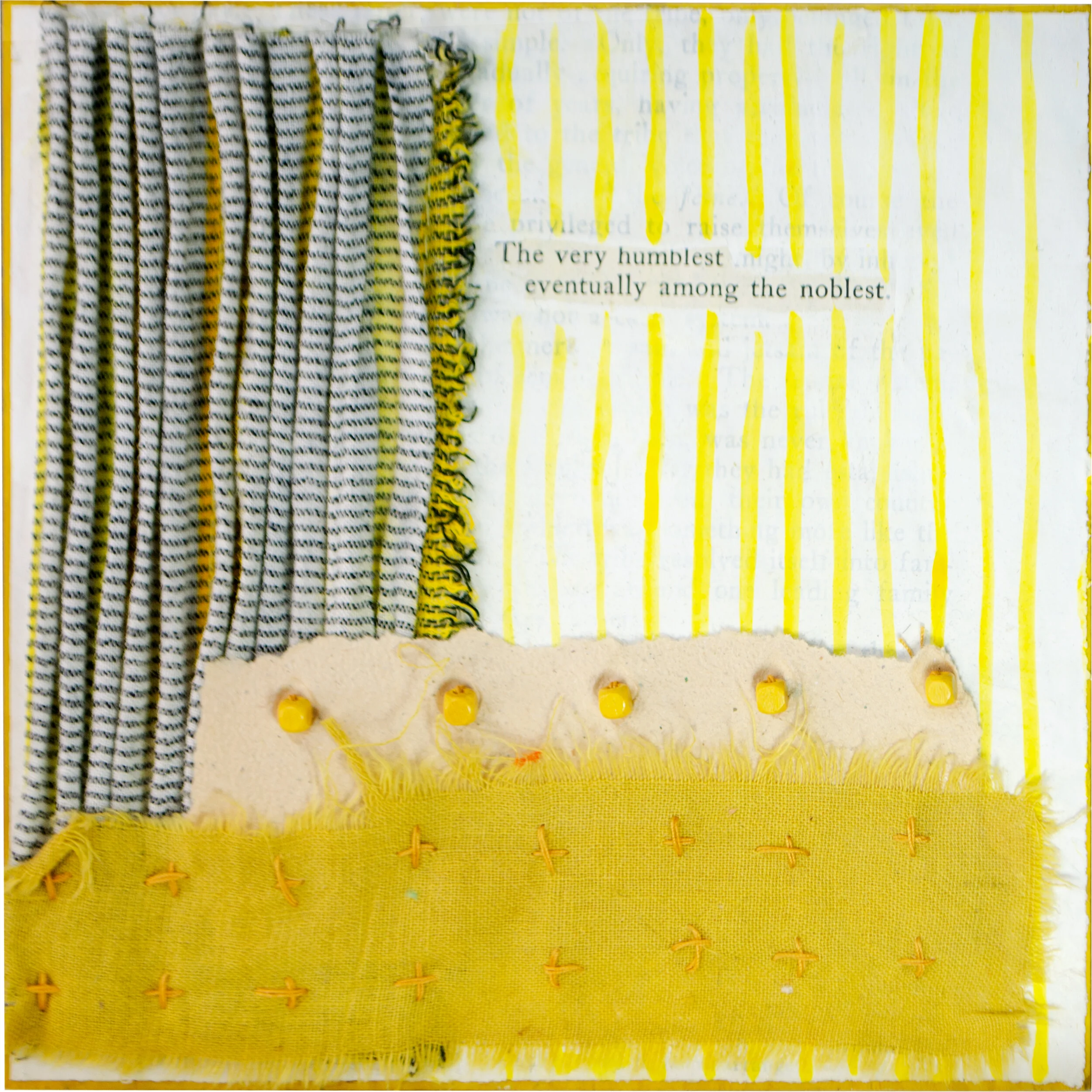 Held in Common: Yellow #6a by Carlyn Clark, mixed media textile art with yellow ribbon manipulation, striped linework, stitched beads, and found text
