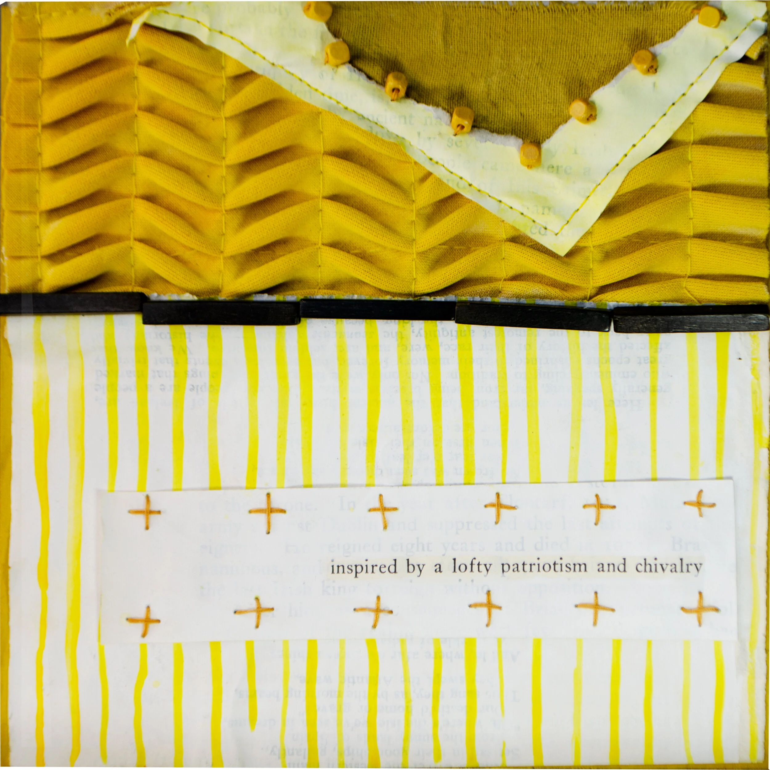 Held in Common: Yellow #6b by Carlyn Clark, mixed media textile art with yellow ribbon manipulation, striped linework, stitched beads, and found text