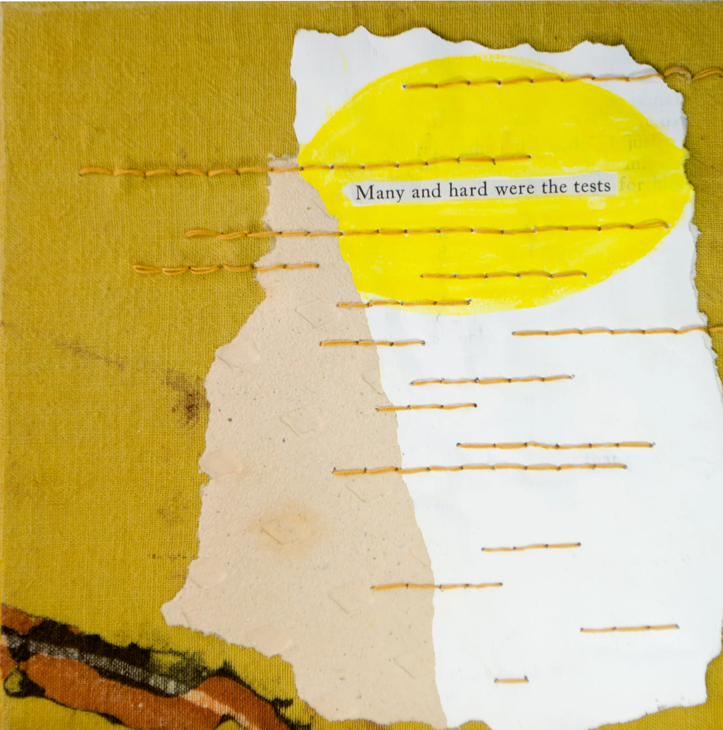 Held in Common: Yellow #7a by Carlyn Clark, mixed media collage with torn paper layers, bright yellow painted ovals, horizontal straight stitching, and found text