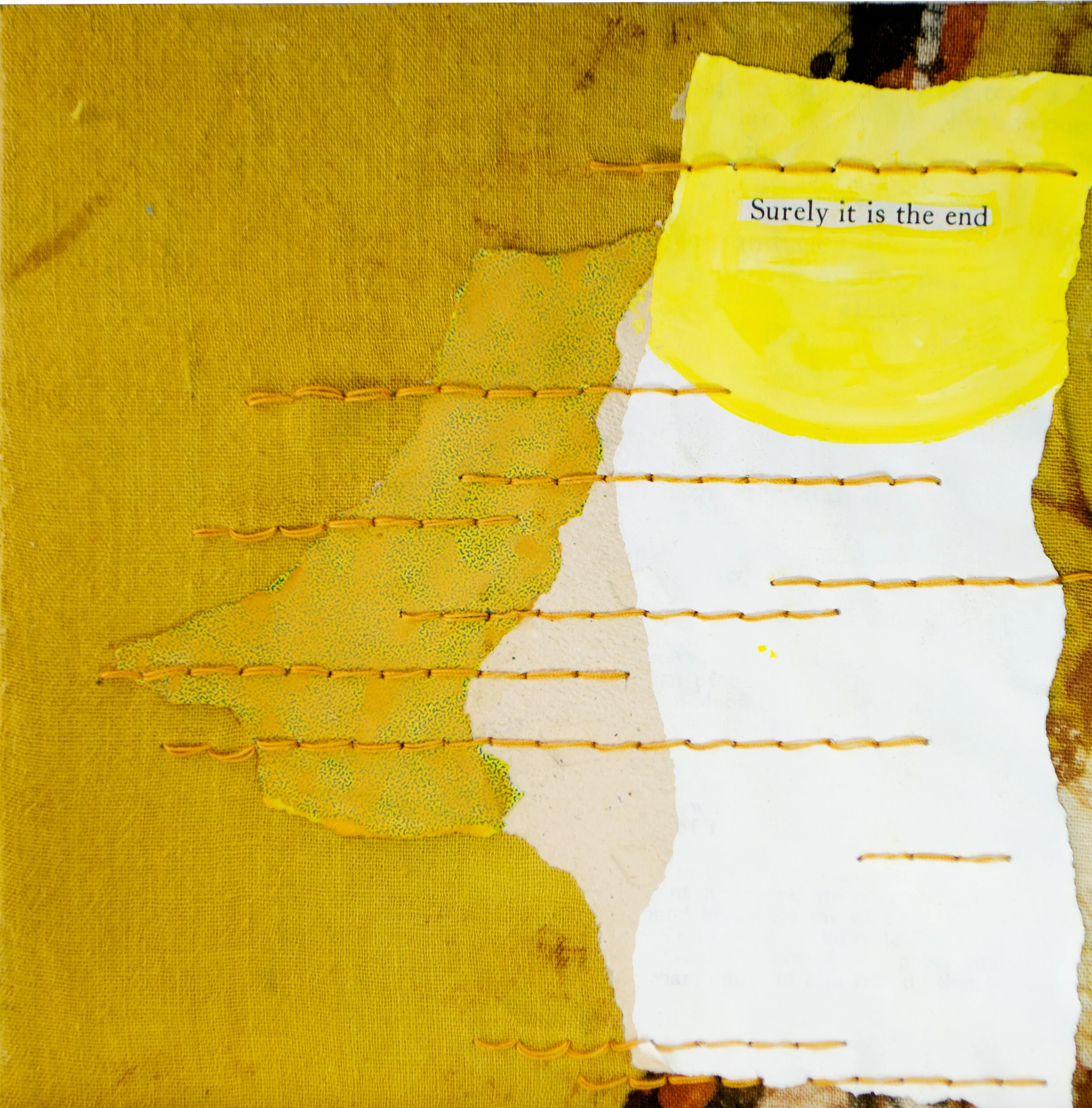 Held in Common: Yellow #7b by Carlyn Clark, mixed media collage with torn paper layers, bright yellow painted ovals, horizontal straight stitching, and found text