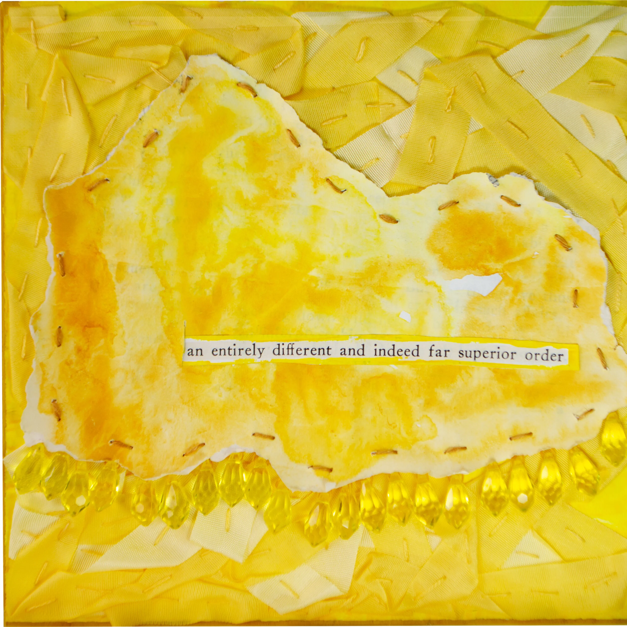 Held in Common: Yellow #8a by Carlyn Clark, triptych mixed media fiber art with stained fabric patches, hand stitching, yellow glass beads, and found text