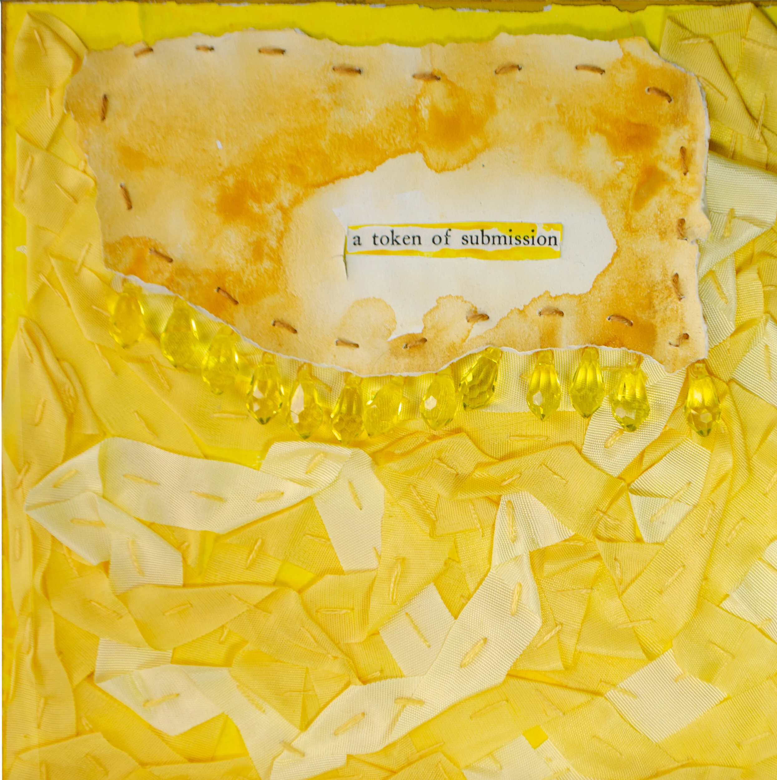 Held in Common: Yellow #8b by Carlyn Clark, triptych mixed media fiber art with stained fabric patches, hand stitching, yellow glass beads, and found text