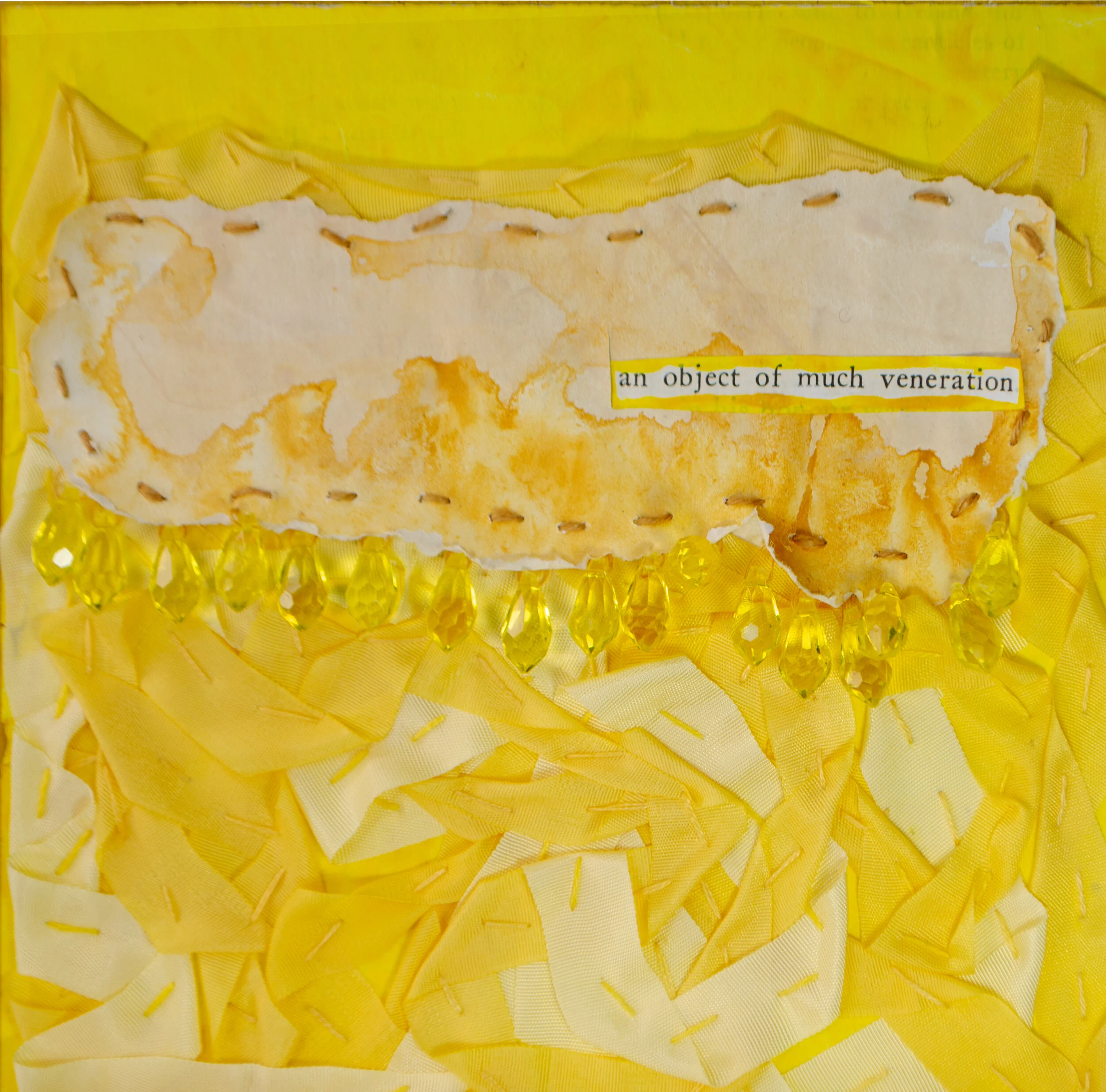 Held in Common: Yellow #8c by Carlyn Clark, triptych mixed media fiber art with stained fabric patches, hand stitching, yellow glass beads, and found text