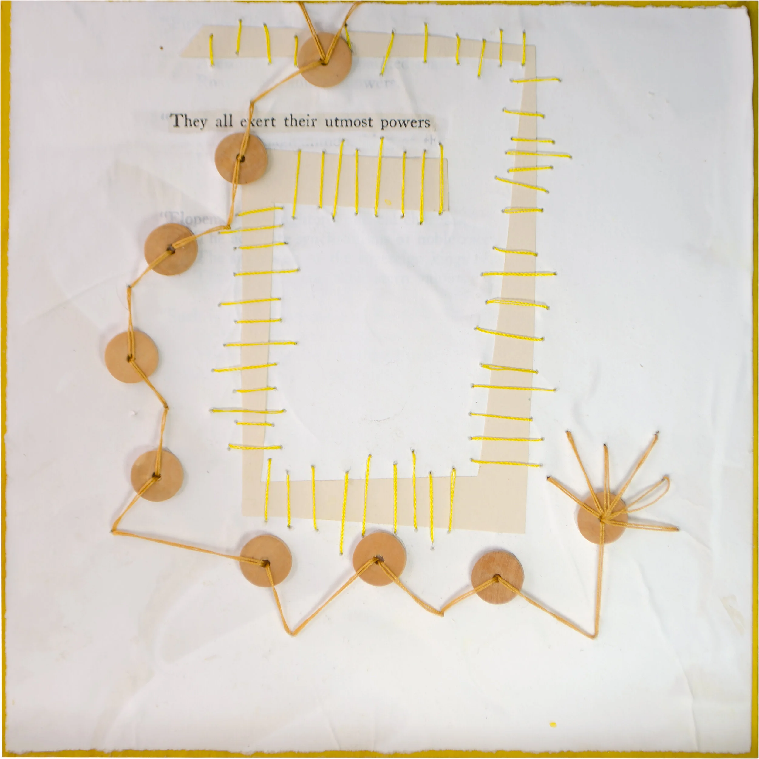 Held in Common: Yellow #10a by Carlyn Clark, two-panel mixed media art with spiral stitched paper paths, wooden disc beads, and revealed book text