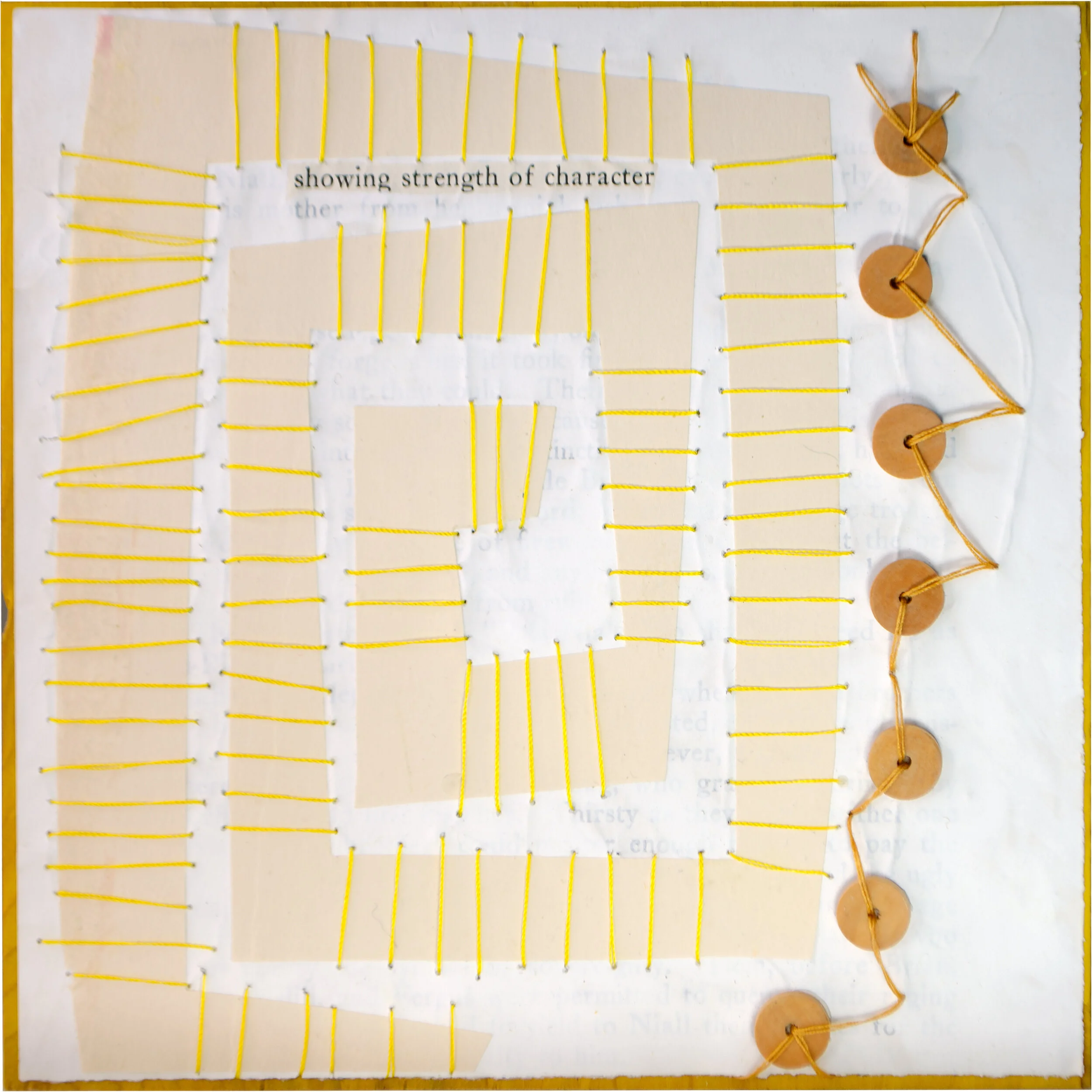 Held in Common: Yellow #10b by Carlyn Clark, two-panel mixed media art with spiral stitched paper paths, wooden disc beads, and revealed book text
